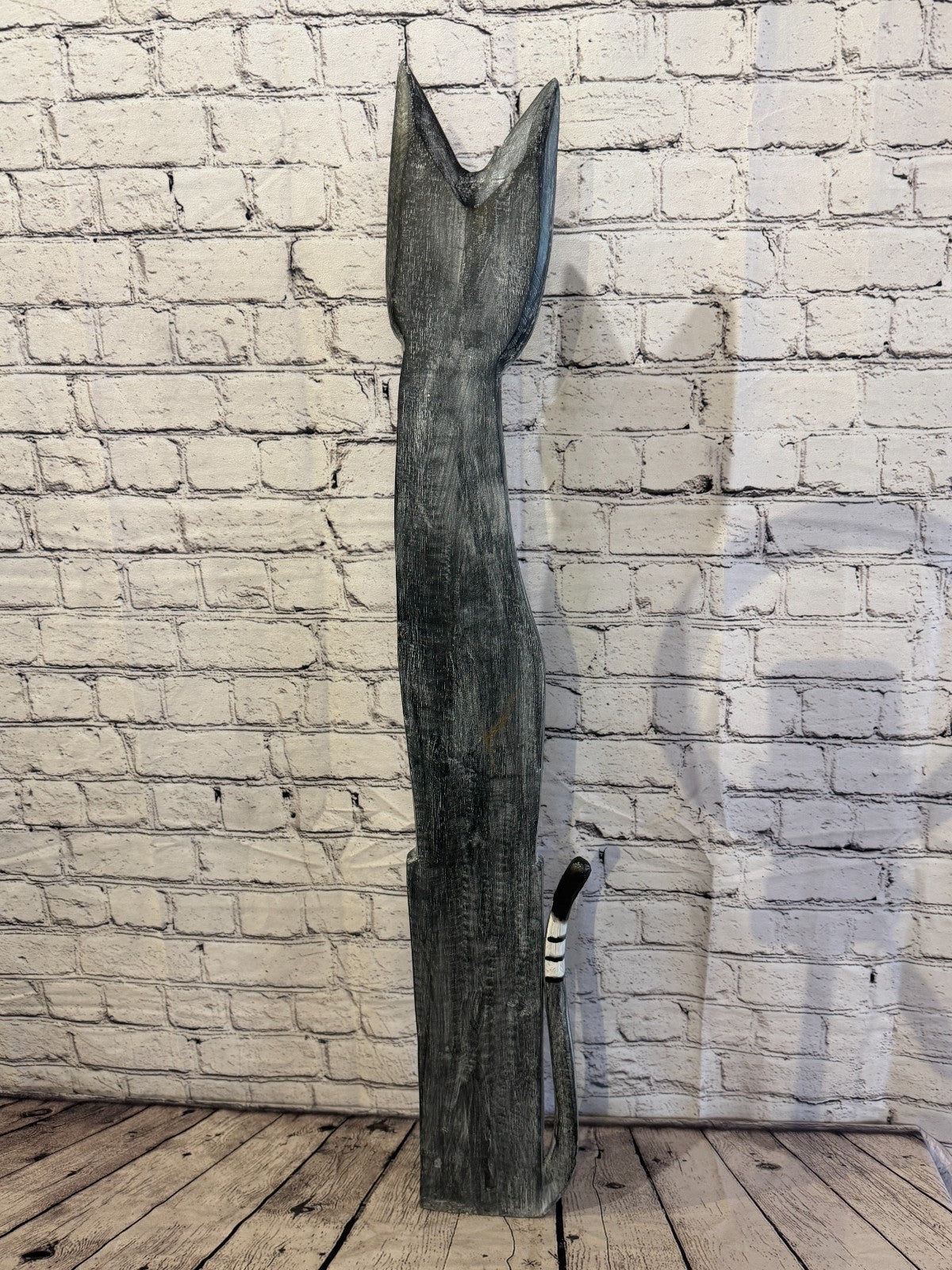 100cm Grey Flower Wooden Shabby Cat Statue Ornament Fair Trade Handcarved4