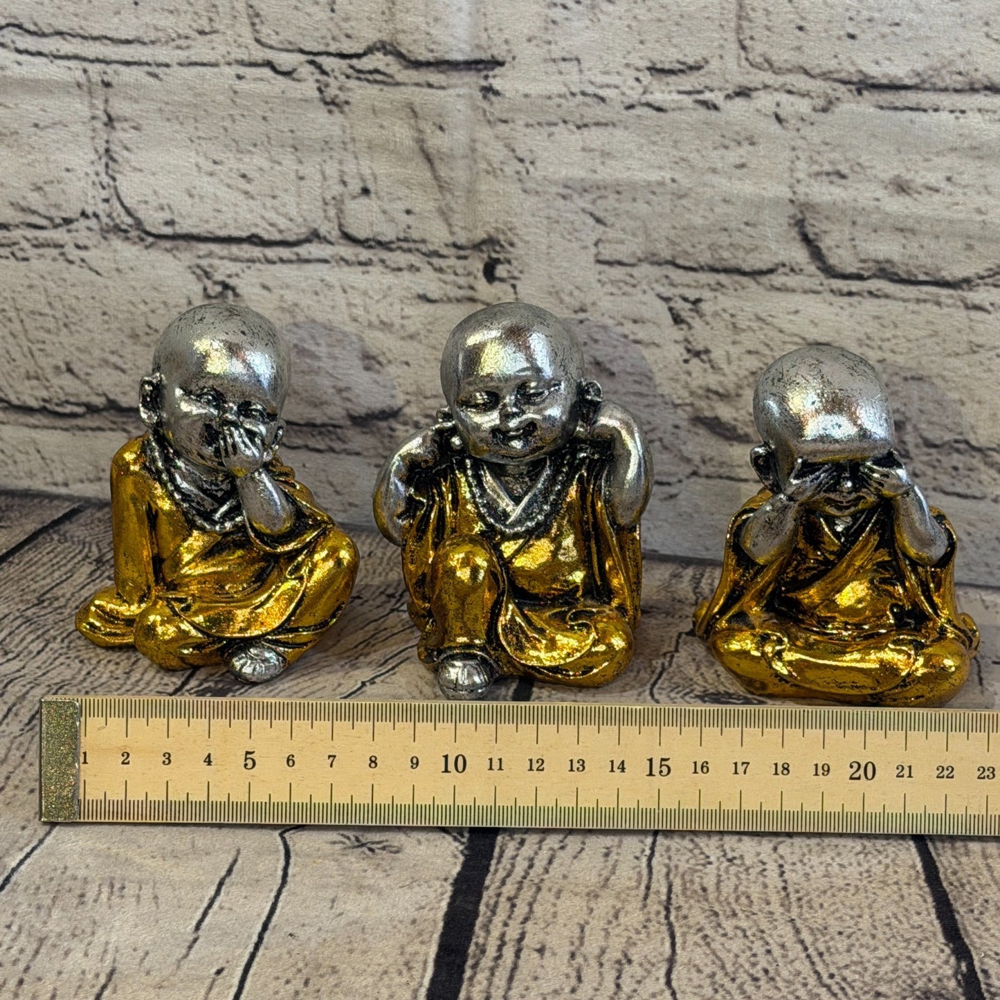 Silver Gold 10cm Set Of 3 Wise Buddha Monks Sitting On Seat Statue Resin Hindu4