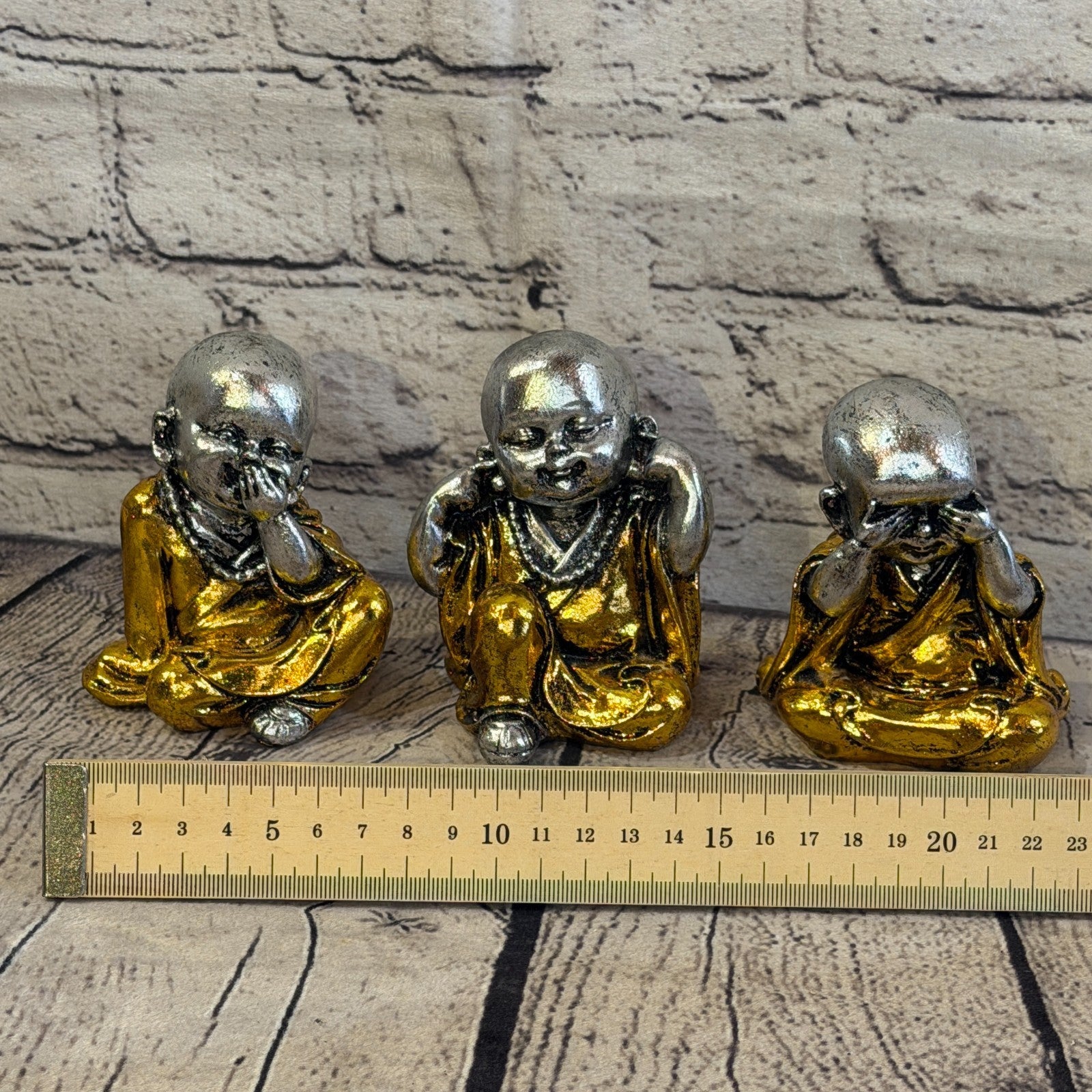 Silver Gold 10cm Set Of 3 Wise Buddha Monks Sitting On Seat Statue Resin Hindu4
