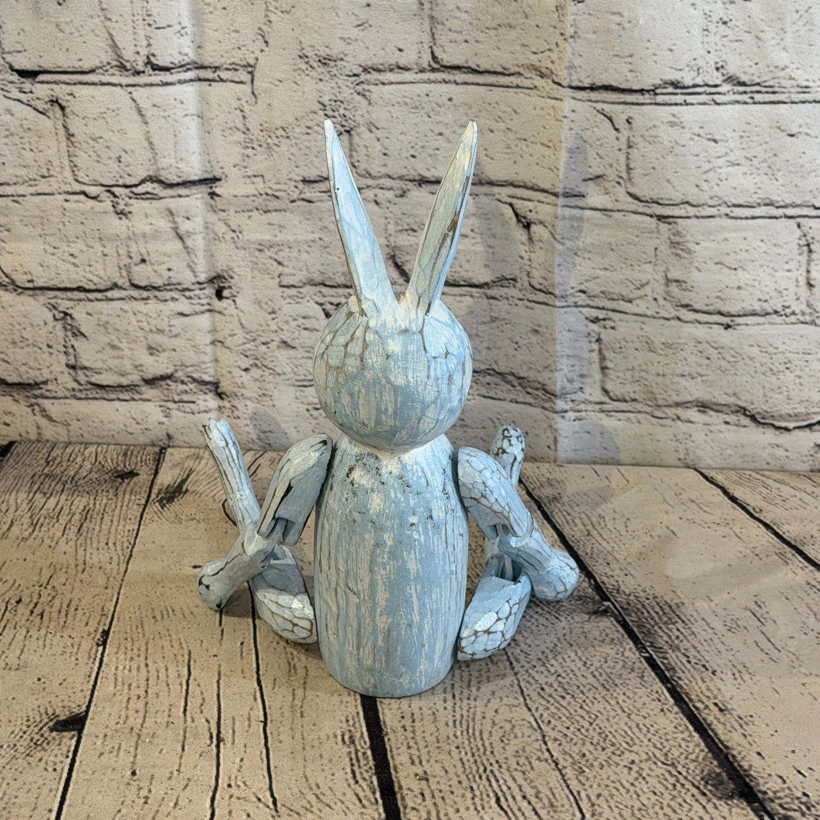 25cm Blue Bunny Rabbit Sitting Animal, Wooden Shelf Ornament Handmade Fairtrade4