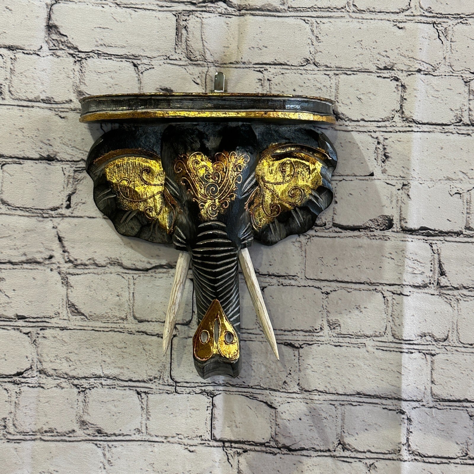 25cm x 25cm Black Gold Shelf Wood Elephant Head Wall Mounted Art Large Shabby2