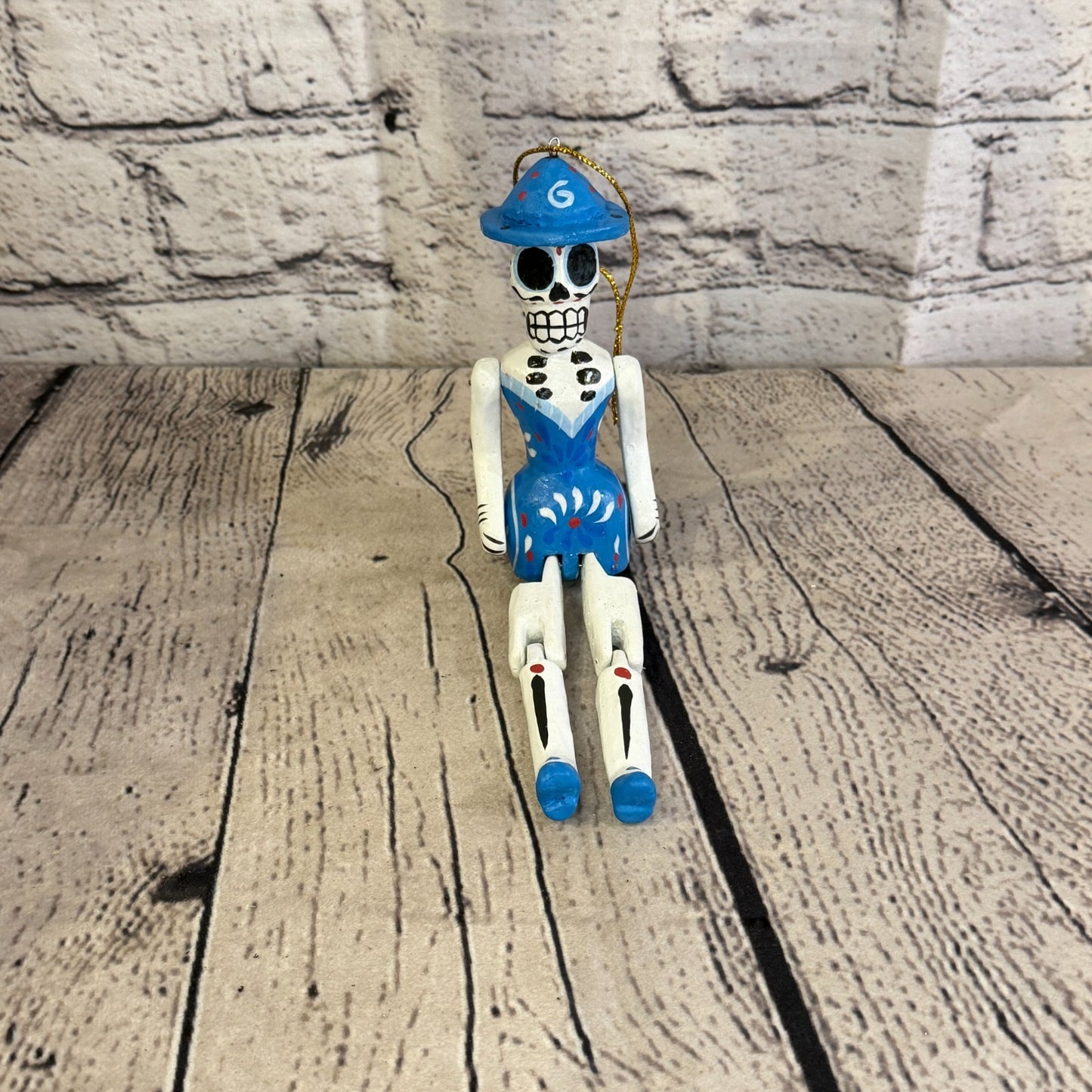 10cm Blue Day Of The Dead Lady Sitting Animal, Wooden Shelf Ornament Fairtrade1