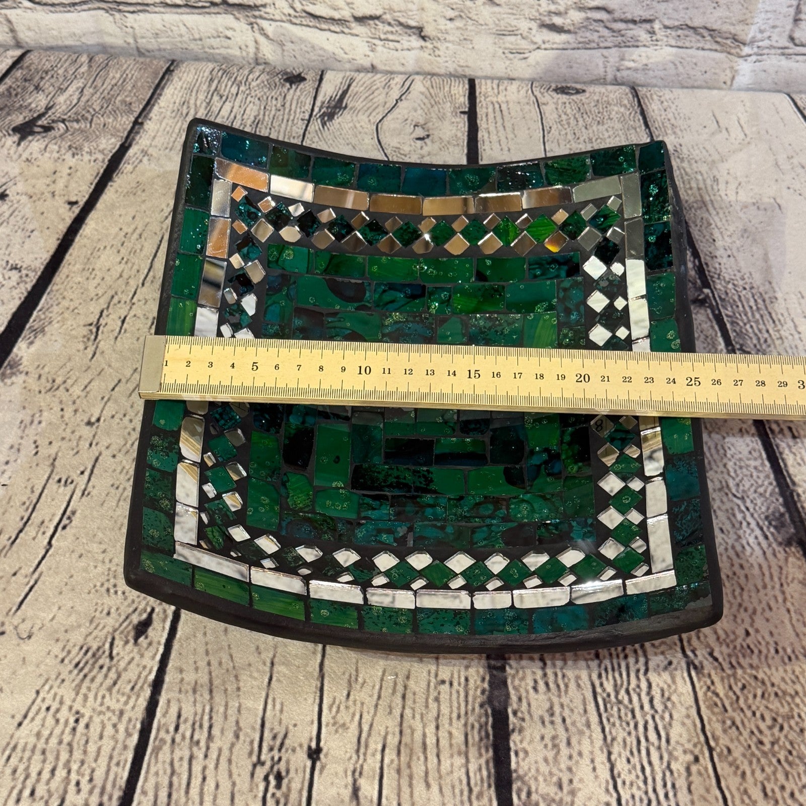 25cm Green Square Mirror Mosaic Handmade Ceramic Glass Tile Bowl Fruit1