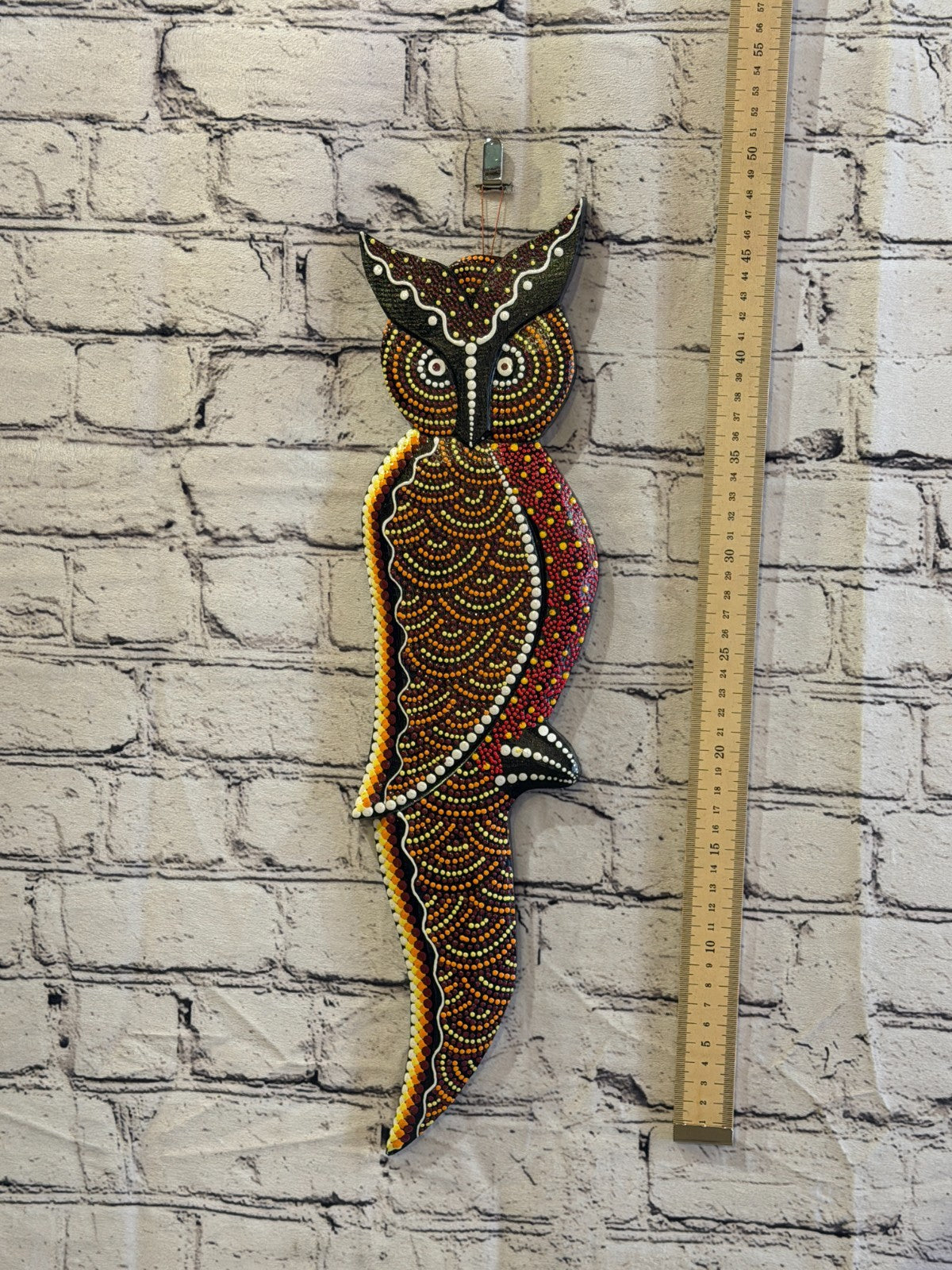 45cm Owl Bird Carved Wooden Dot Painted Ethnic Tribal Tiki Wall Art No 14