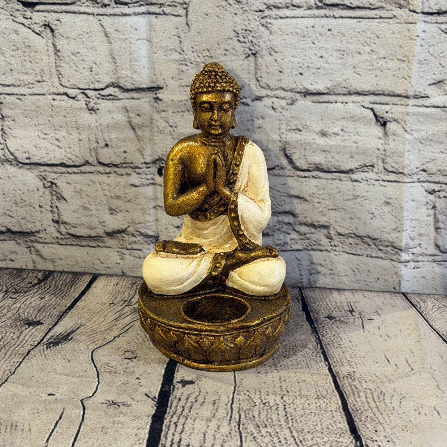 White & Bronze 20cm x 10cm Thai Buddha Tea Light Holder Statue Resin Hindu1