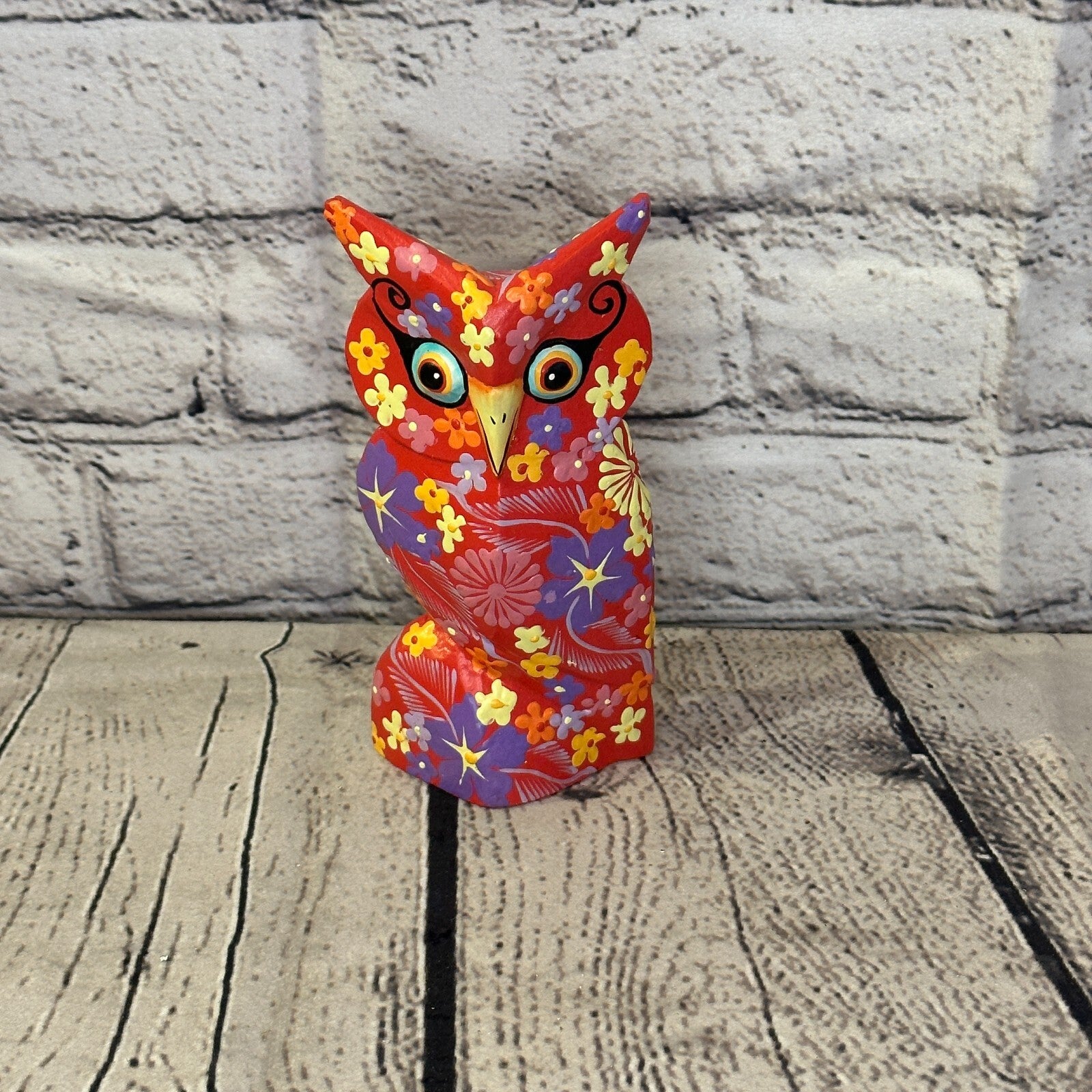 Red Small Wooden Owl With Flower Pattern 12cm x 8cm Handmade and Fairtrade0