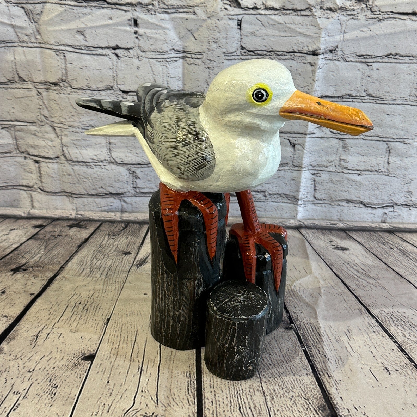 45cm x 35cm Seagull Ornament Wooden Bird Statue Nautical Decor Carved Painted2