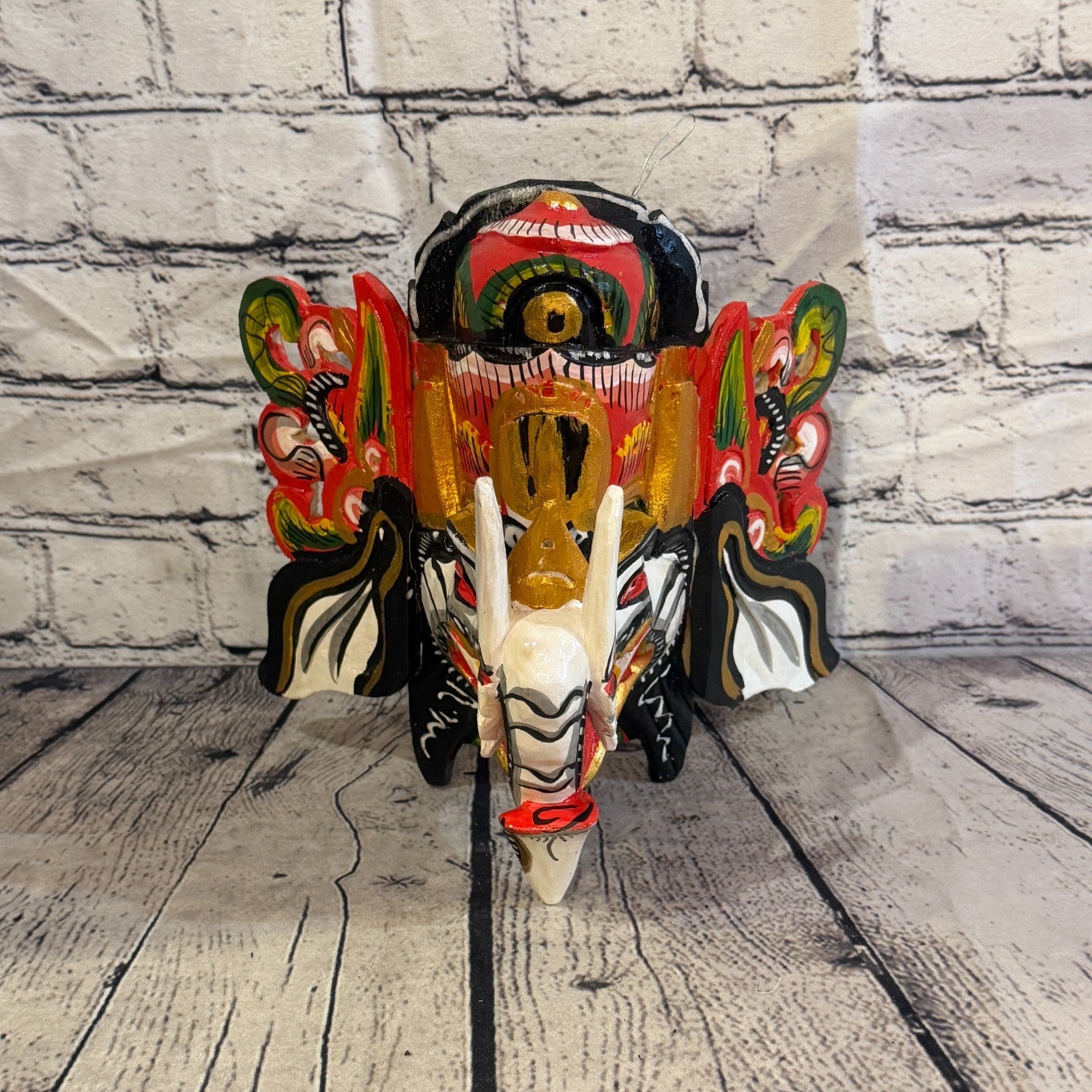 25cm Ganash Ganesha White Elephant Hindu Deity Wooden Hand Carved Mask Painted3