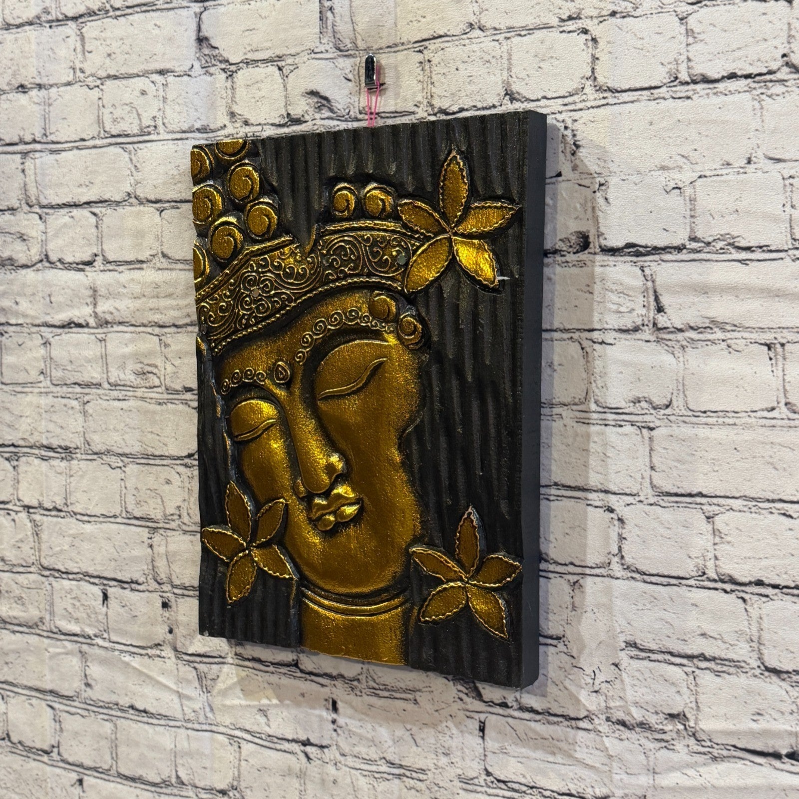 Wooden Wood Panel 40cm Gold Black Buddha Flower Wall Art Plaque Handcarved1