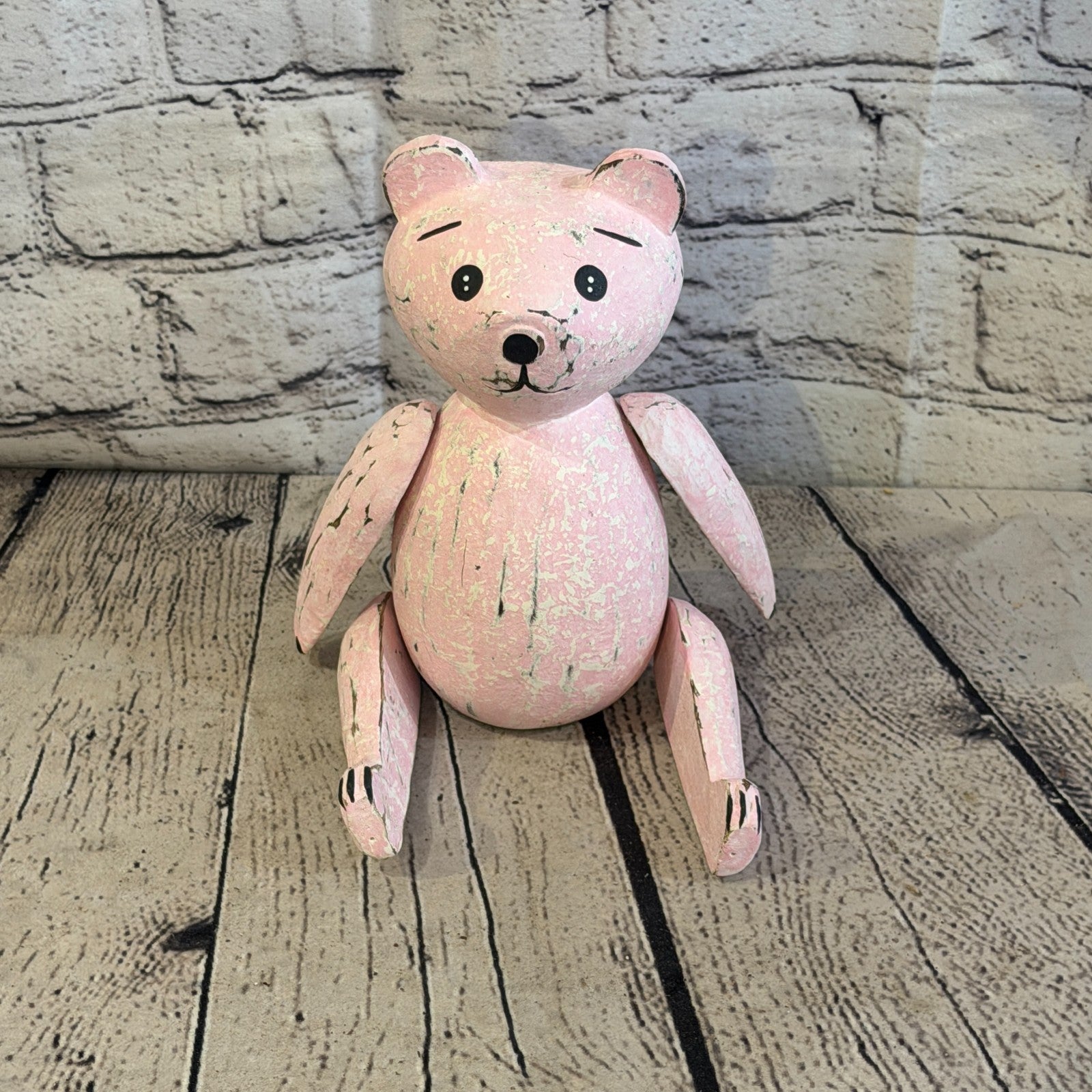 18cm Pink Teddy Bear Sitting Animal, Wooden Shelf Ornament Handmade & Fairtrade1