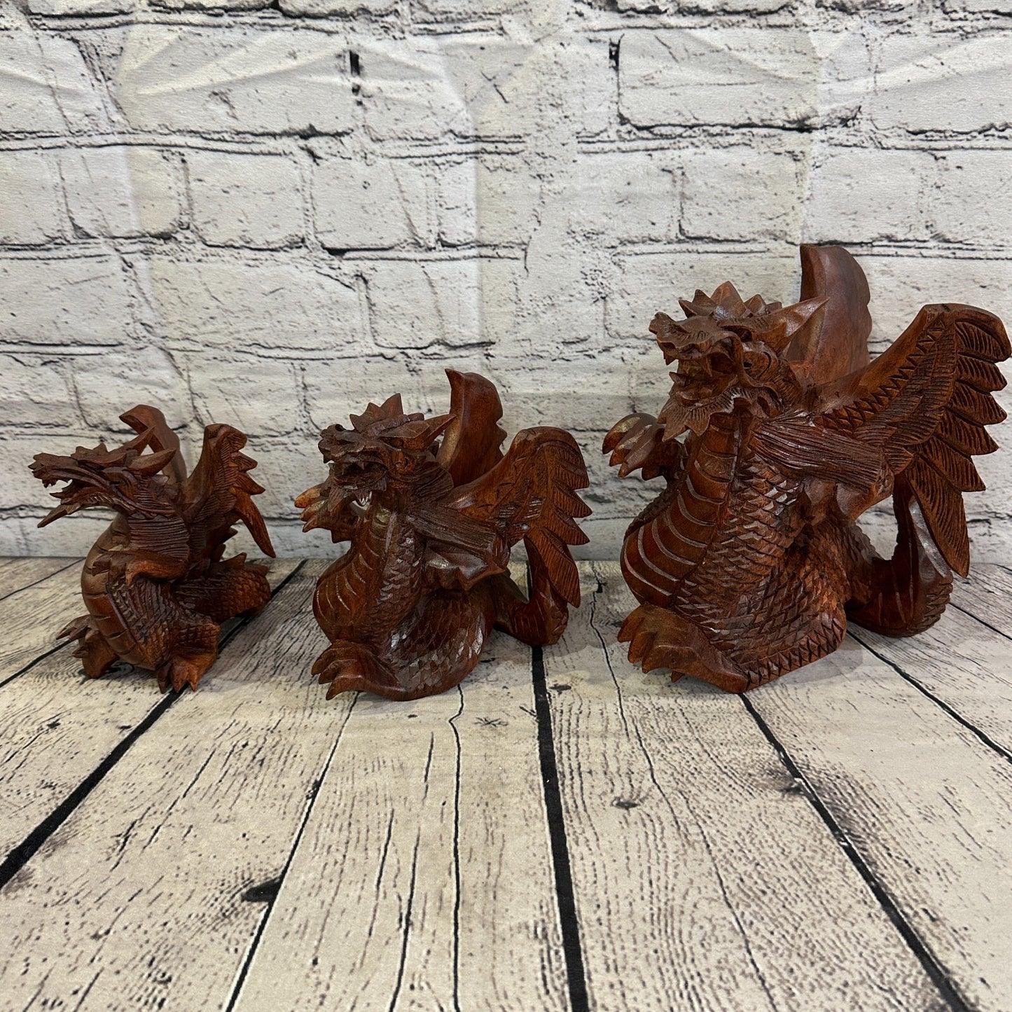 12cm x 10cm Dark Wooden Standing Dragon Carving Hand Carved Wing Back Dragon10