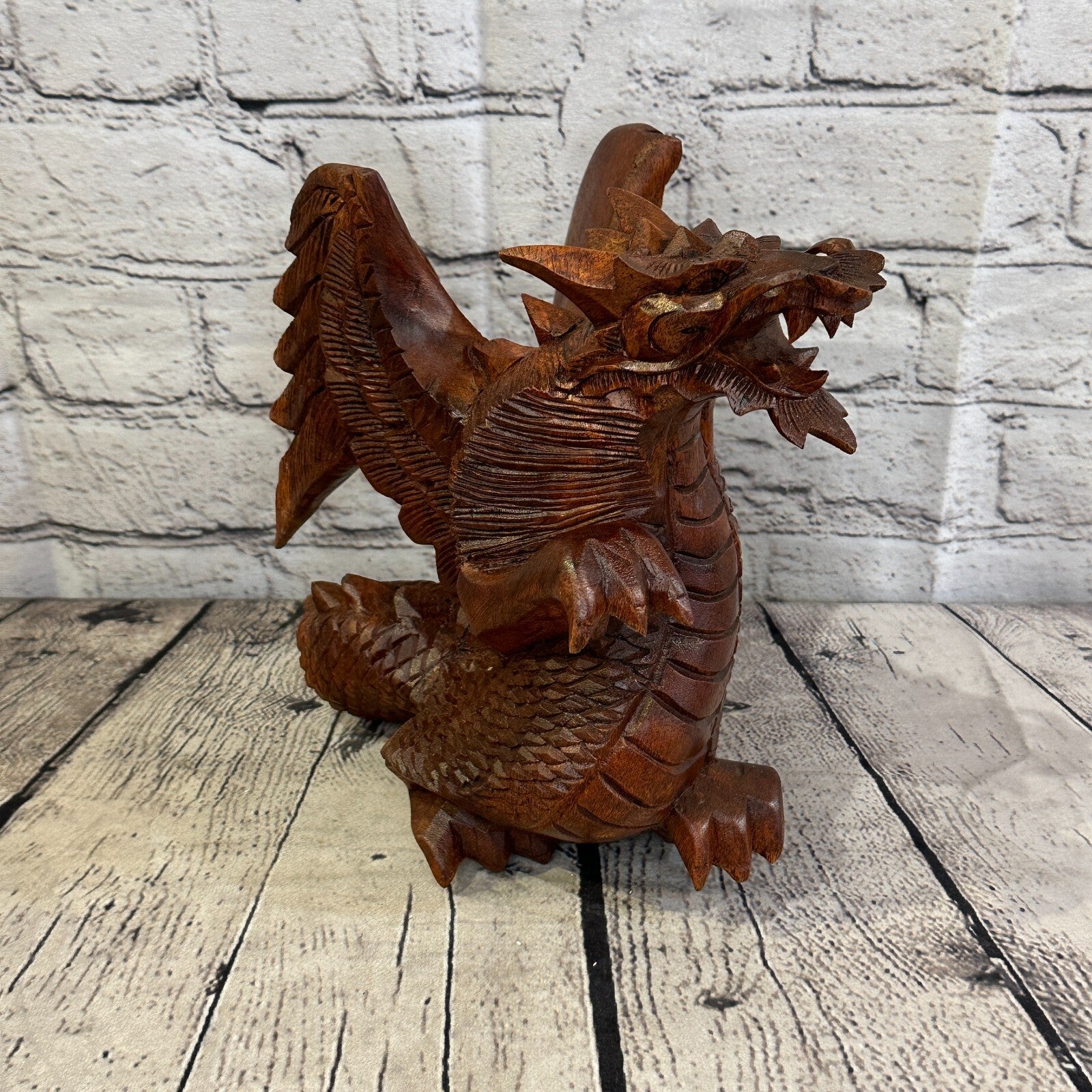 20cm x 20cm Dark Wooden Standing Dragon Carving Hand Carved Wing Back Dragon3