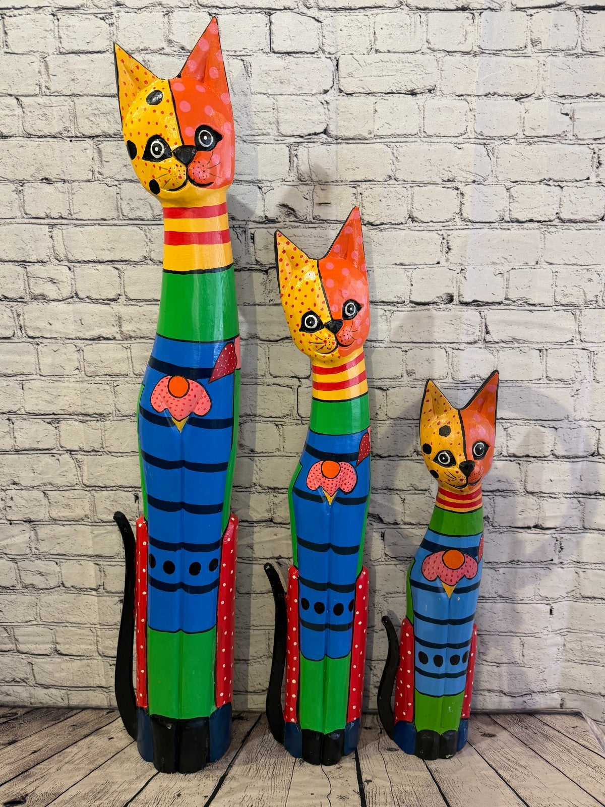 60cm Bright Mix Flower Wooden Shabby Cat Statue Ornament Fair Trade Handcarved8