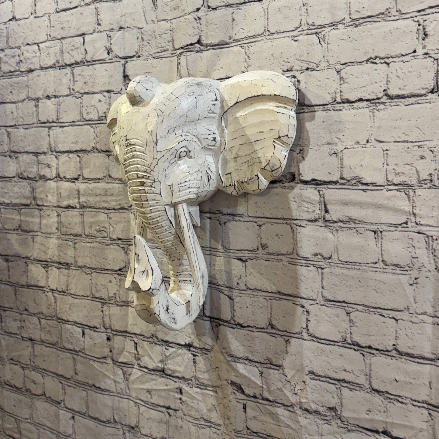 35cm x 35cm Plain White Painted Wood Elephant Head Wall Mounted Art Shabby1