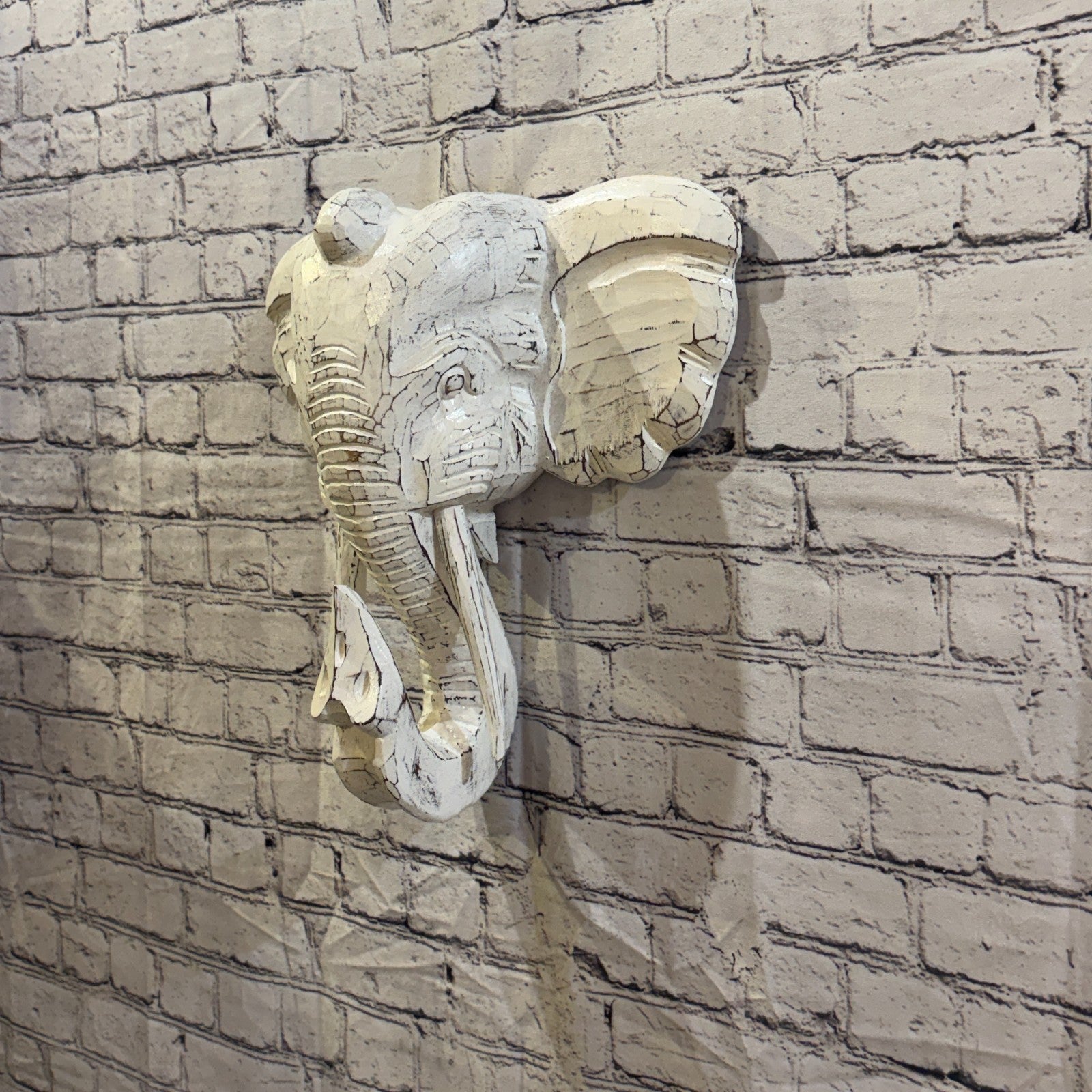 35cm x 35cm Plain White Painted Wood Elephant Head Wall Mounted Art Shabby1