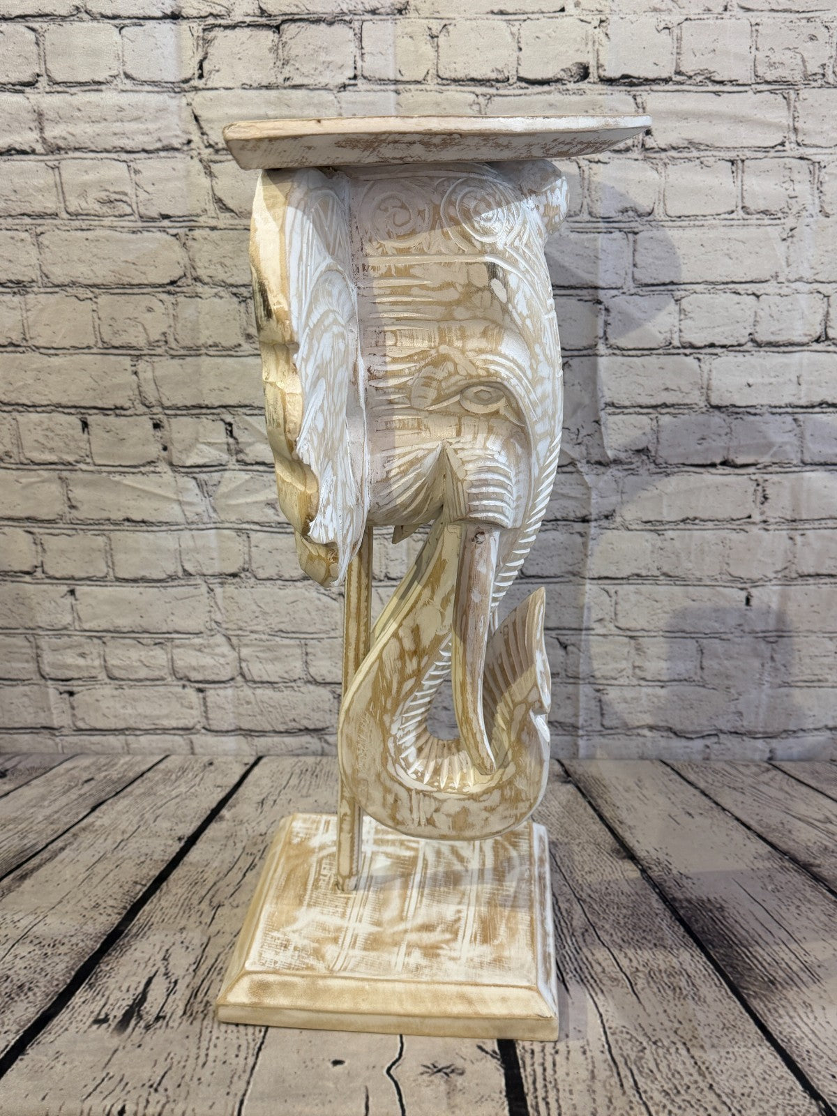 50cm x 45cm White Carved Wood Elephant Head Shelf Wall Mounted Art Large Shabby6