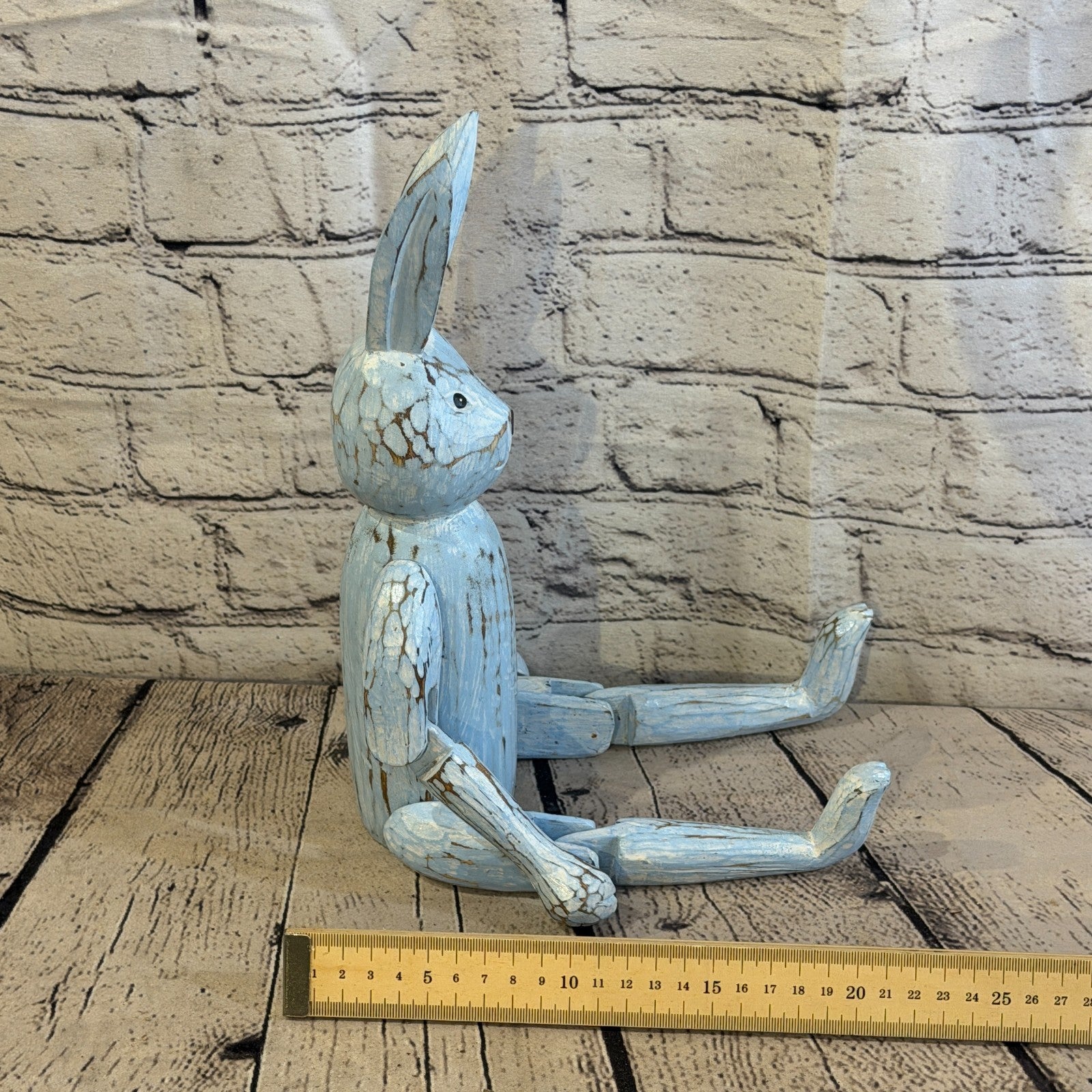 30cm Blue Bunny Rabbit Sitting Animal, Wooden Shelf Ornament Handmade Fairtrade7