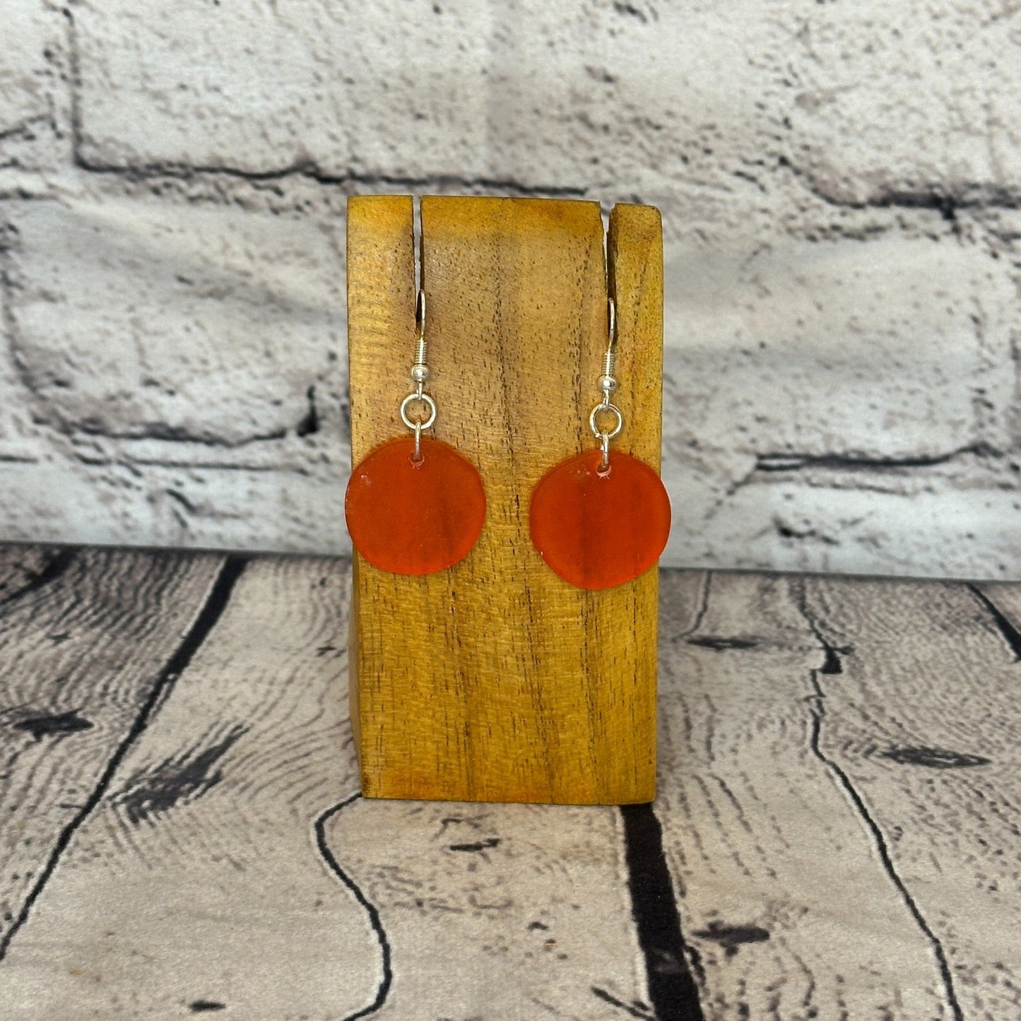 Orange Recycled Round Silver Plate Dangle Drop Earrings Handmade UK Jewellery0