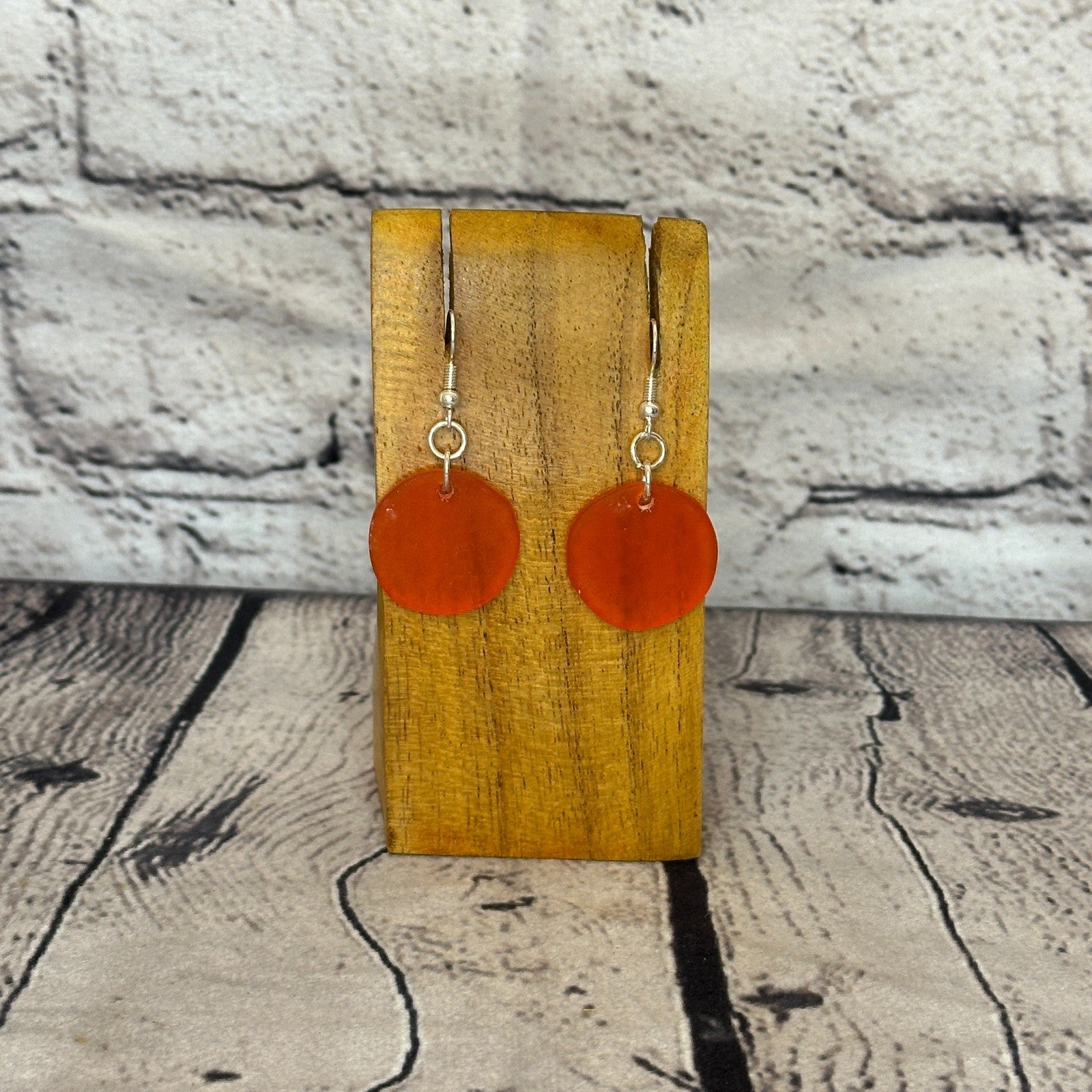 Orange Recycled Round Silver Plate Dangle Drop Earrings Handmade UK Jewellery0