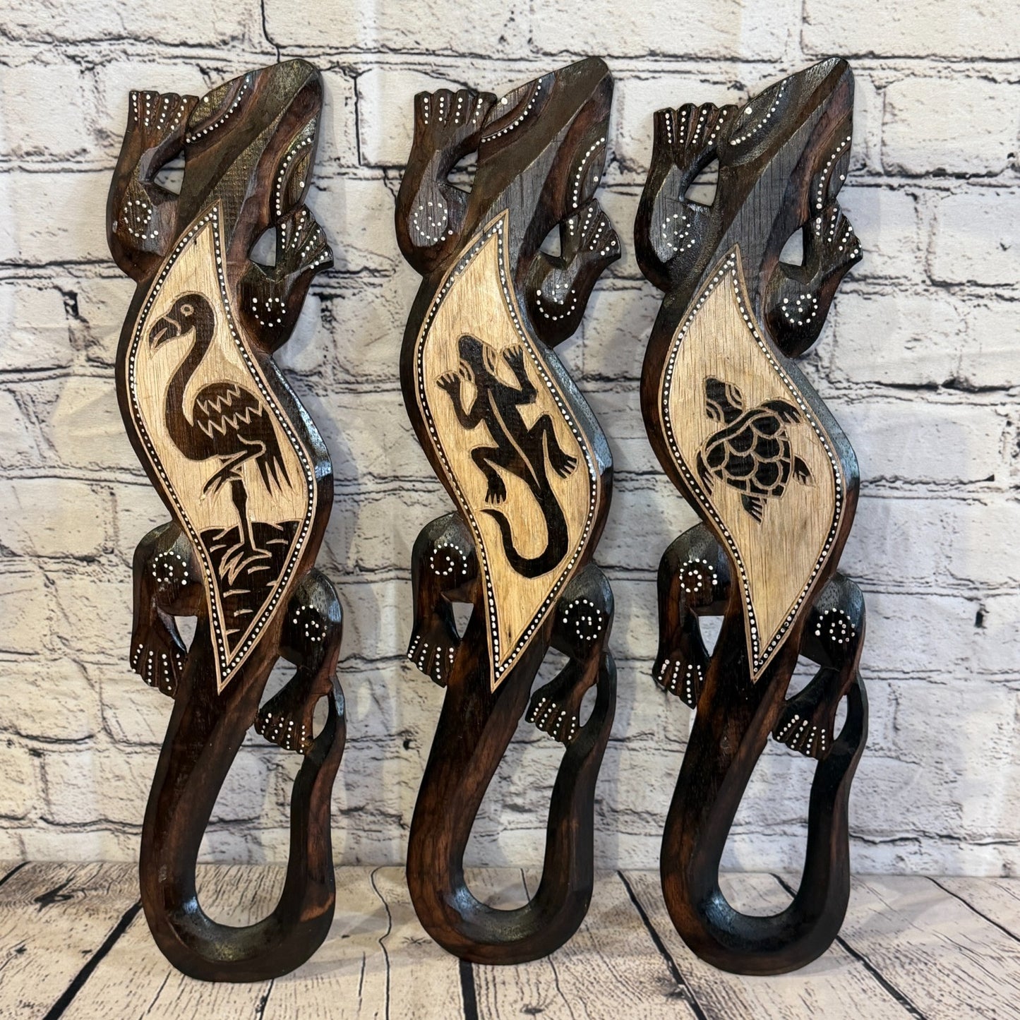 50cm Flamingo Gecko Carved Wooden Brown Work Painted Ethnic Tribal Tiki Wall Art6