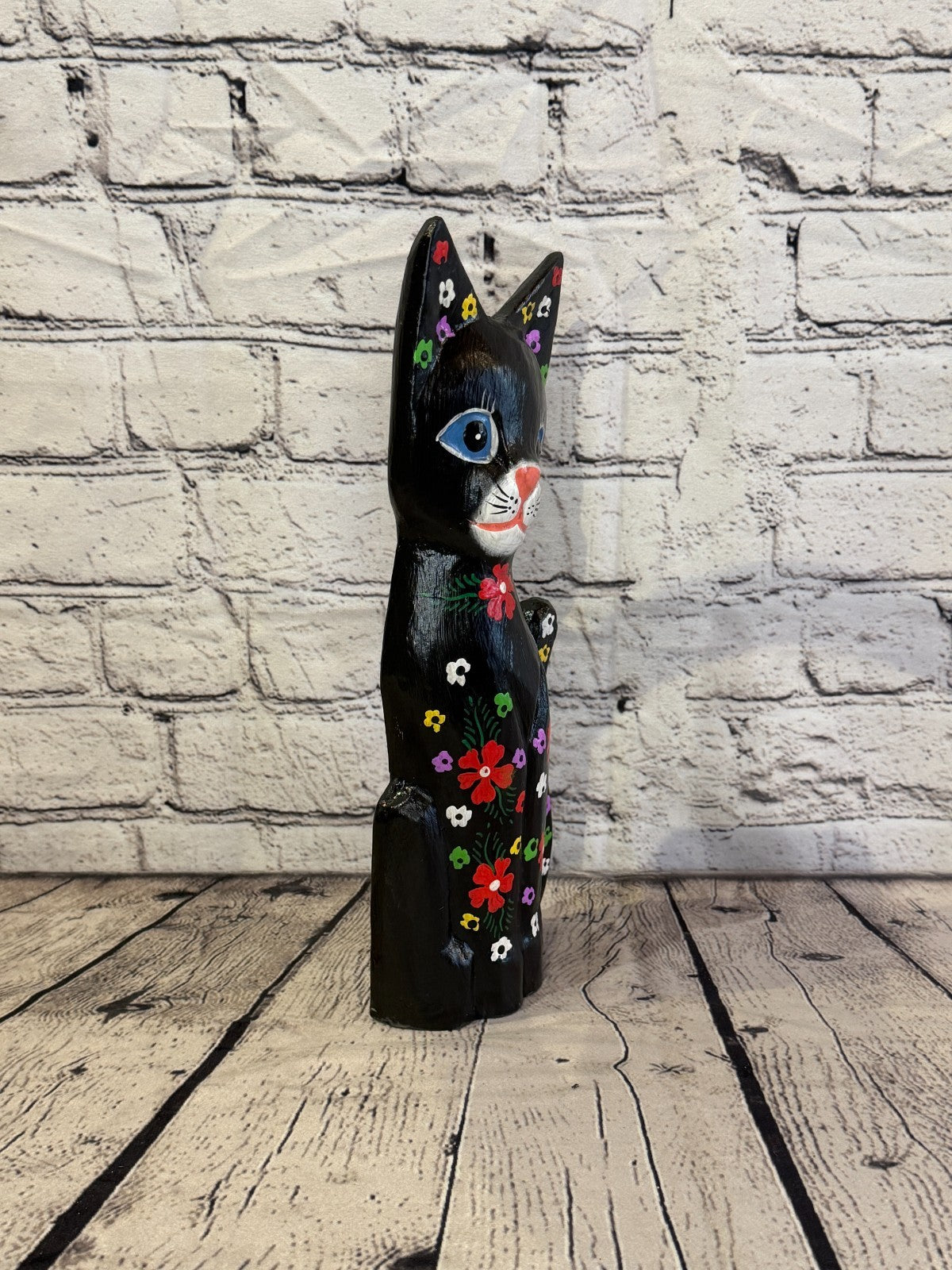 30cm Black Mix Flower Wooden Shabby Cat Statue Ornament Fair Trade Handcarved2