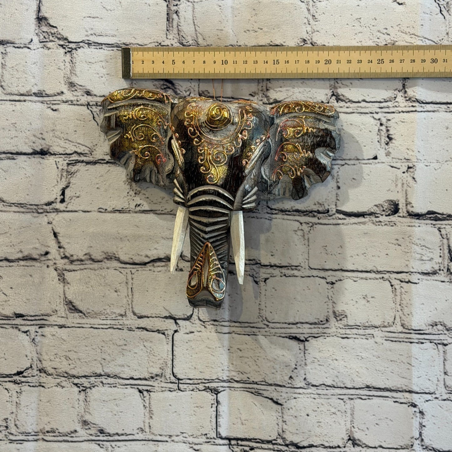 20cm x 20cm Brown Gold Painted Wood Elephant Head Wall Mounted Art Shabby3
