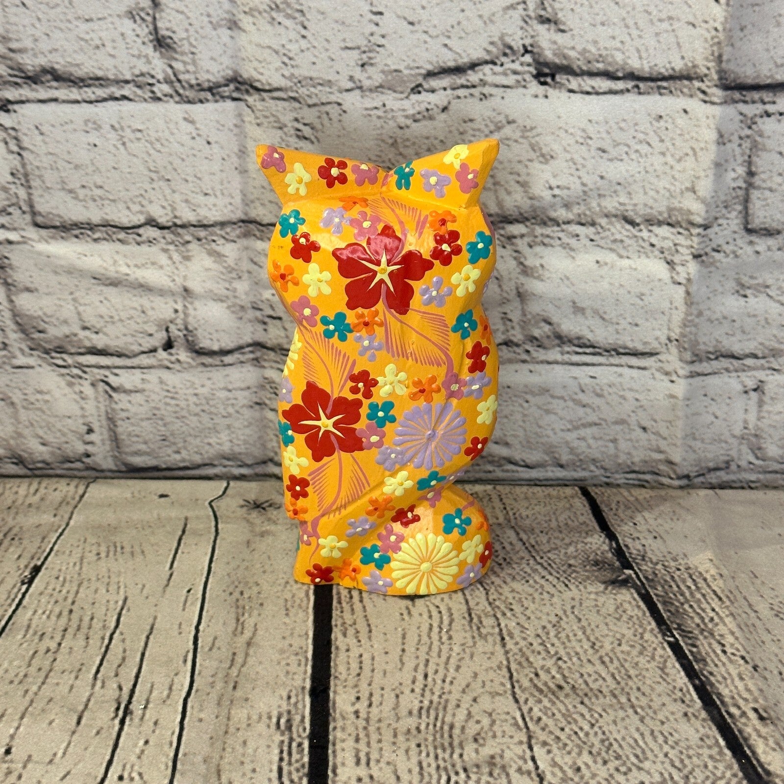 Orange Medium Wooden Owl With Flower Pattern 15cm x 8cm Handmade and Fairtrade4
