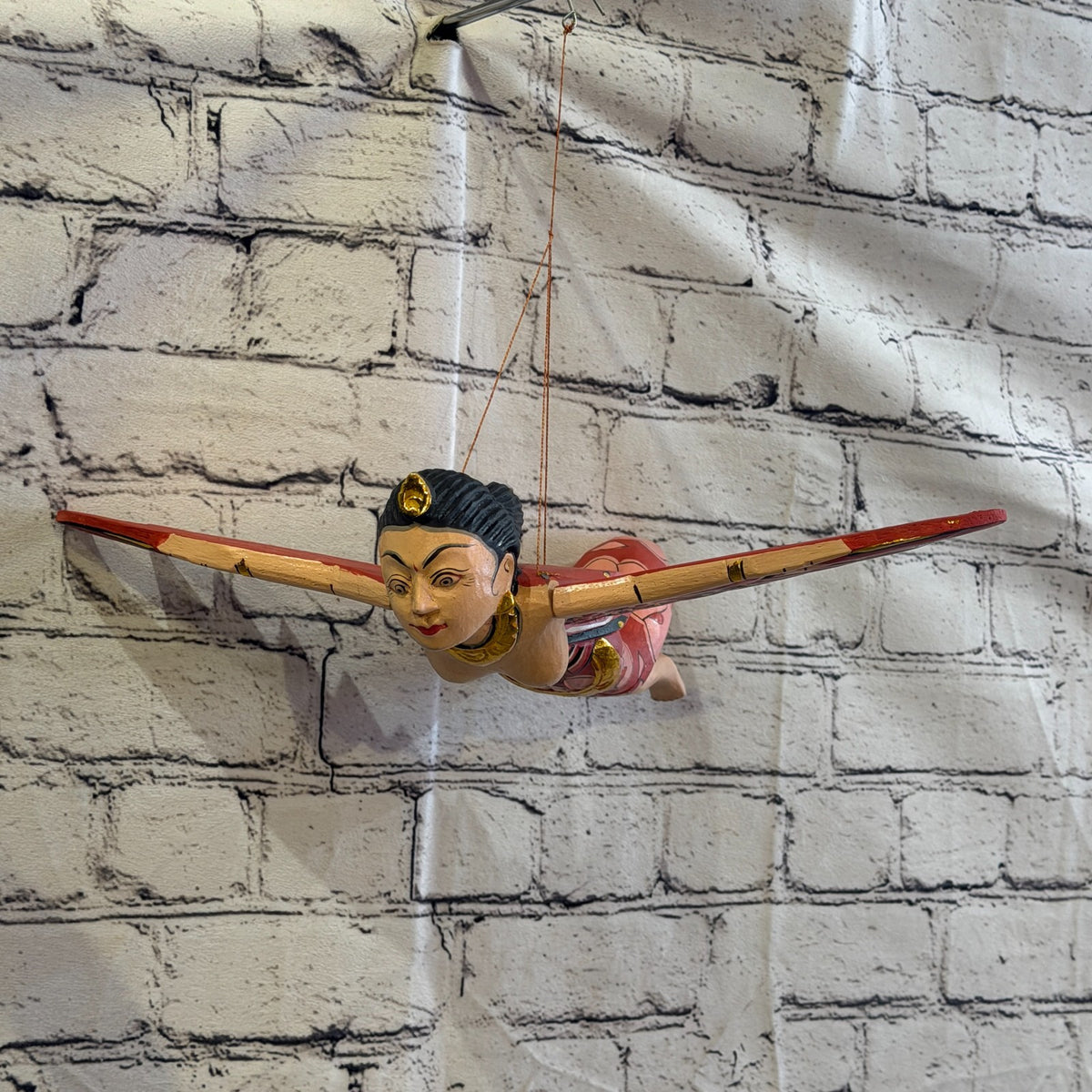 30cm Red Sita Hindu Folk Art Carved Wood Flying Winged Mobile Spirit Guardian2