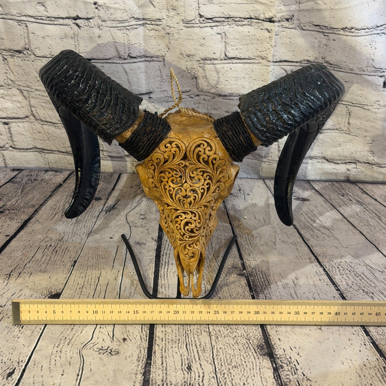 30cm Carved Buffalo Ram Wild Skulls Wall Hanging Carved With Stand Design 26