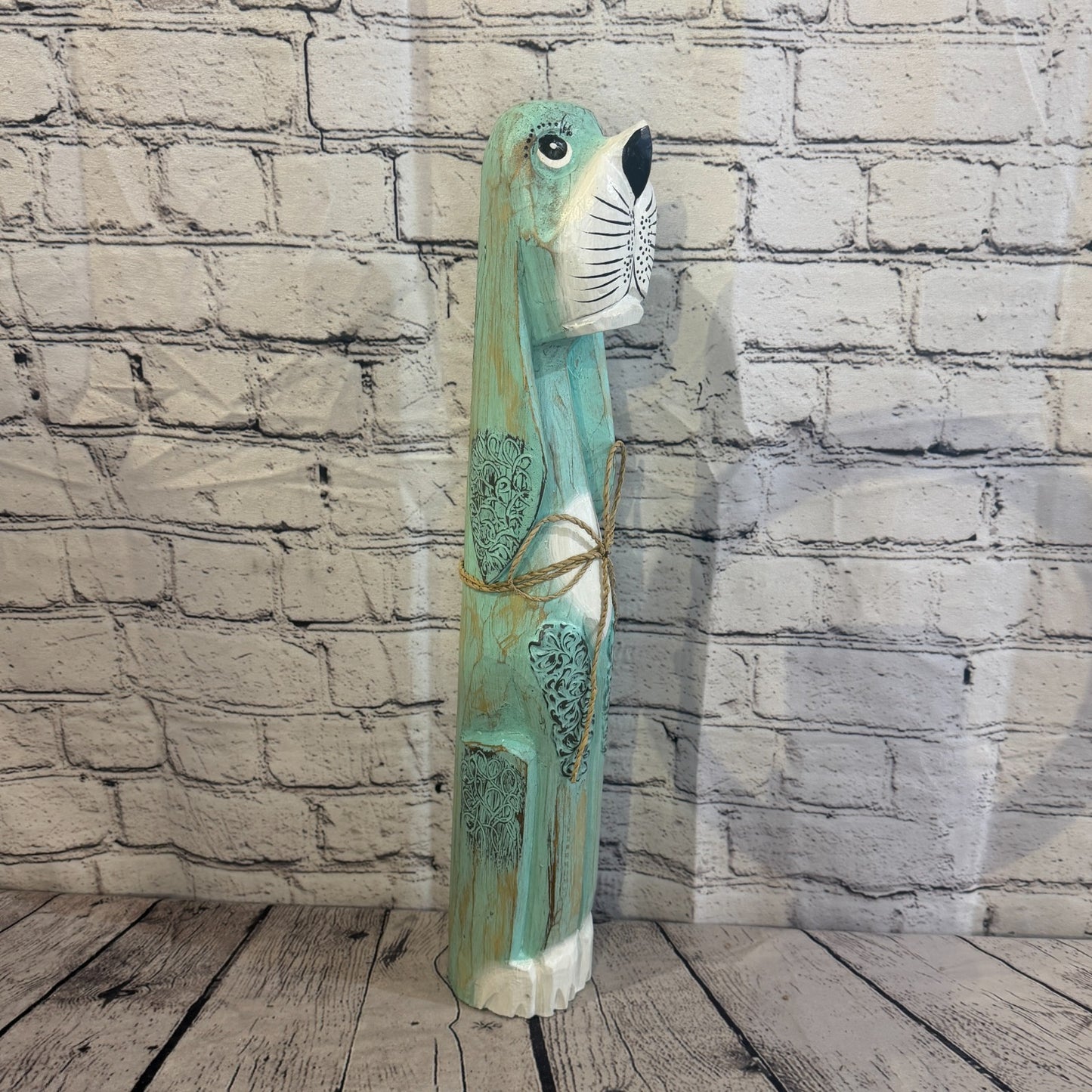 50cm Green Teal Wooden Shabby Dog Statue Ornament Fair Trade Handcarved2