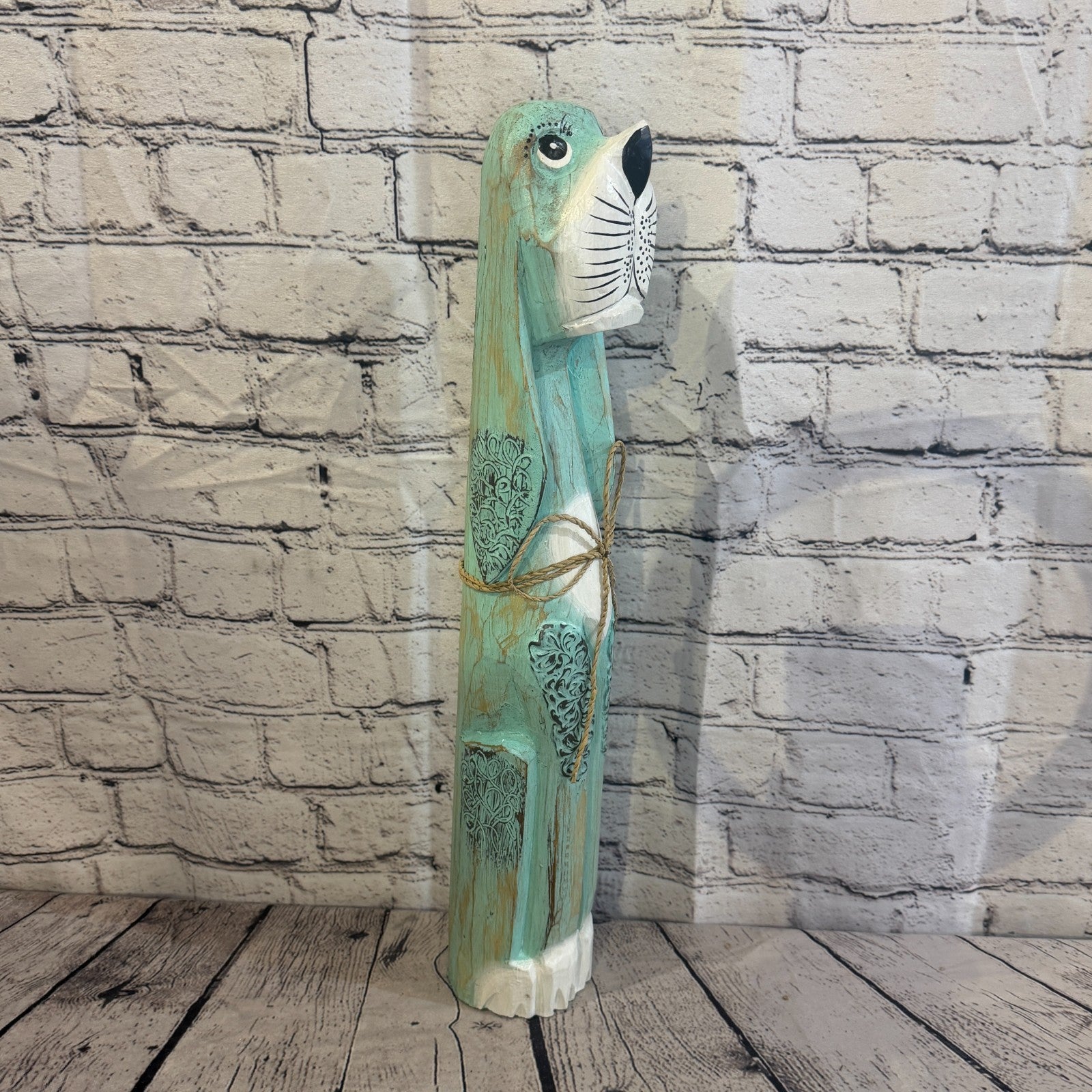 50cm Green Teal Wooden Shabby Dog Statue Ornament Fair Trade Handcarved2