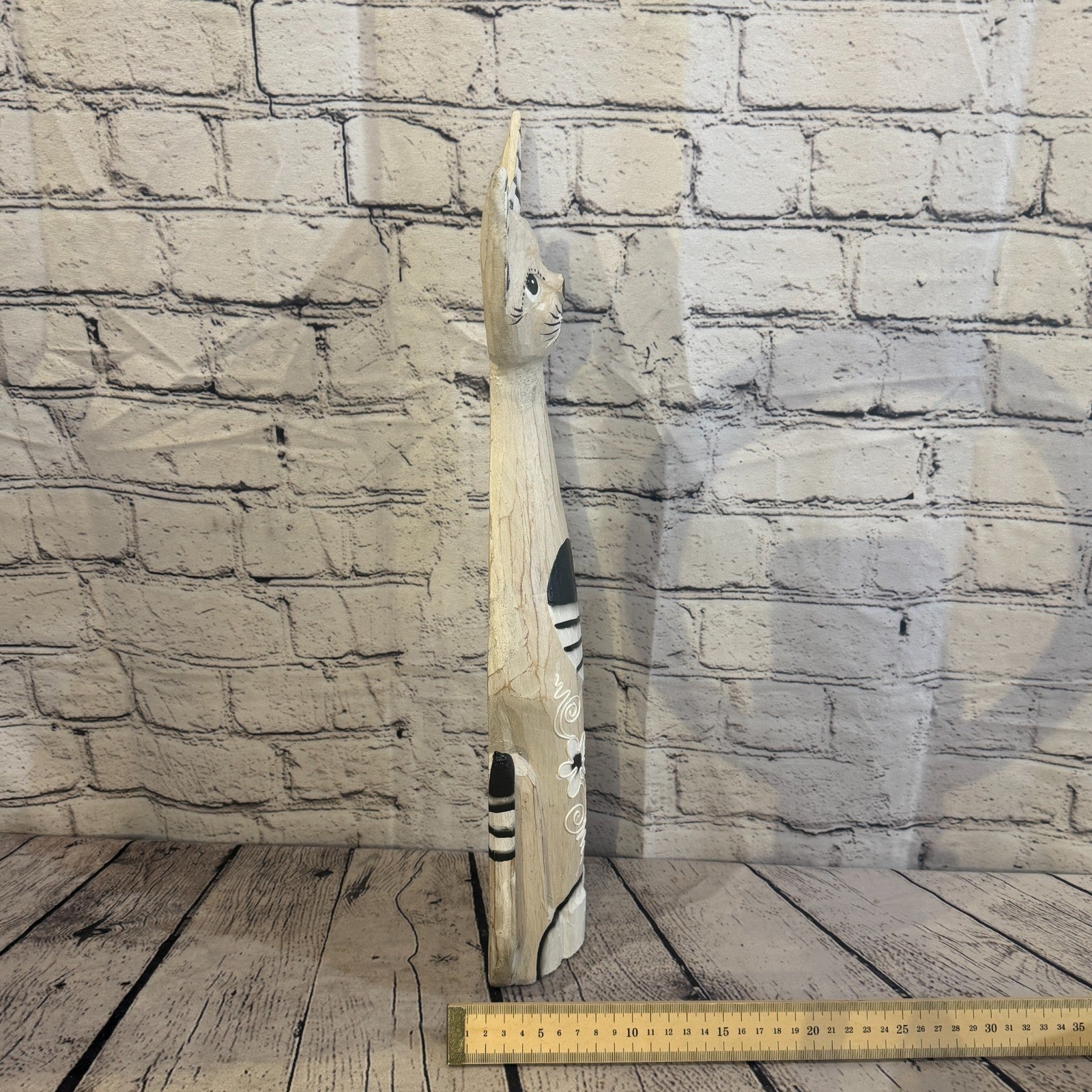 50cm White Flower Wooden Shabby Cat Statue Ornament Fair Trade Handcarved7