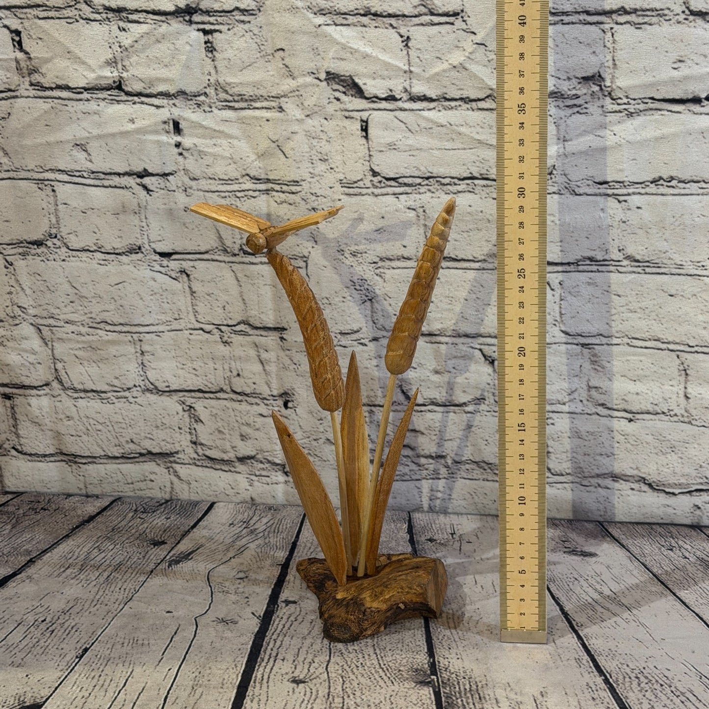 35cm Dragonfly Wheat Reeds Stand Parasite Wood Ornament Natural Carving Wooden4
