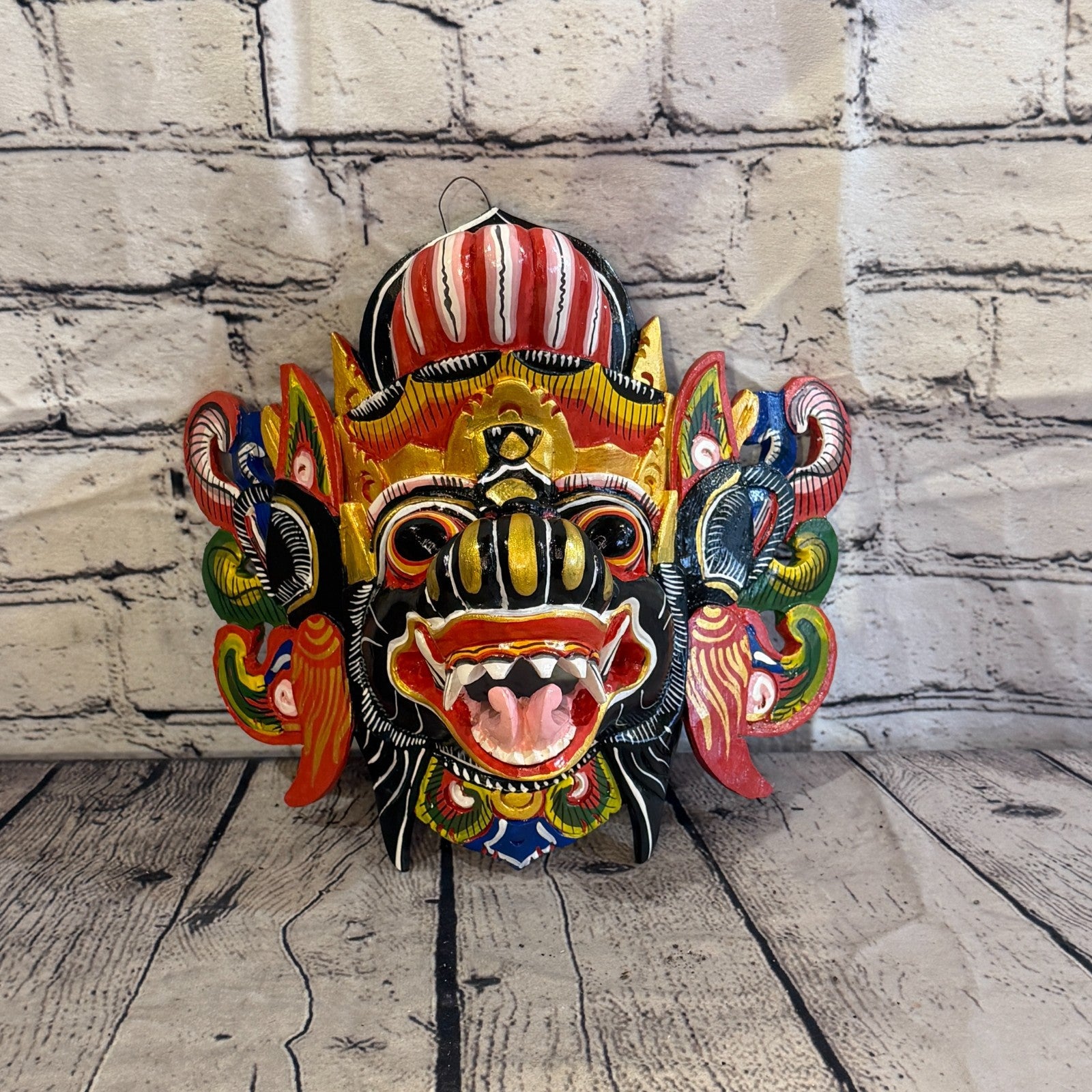 20cm Barong Wide Black Demon Dragon Hindu Deity Wooden Hand Carved Mask Painted2