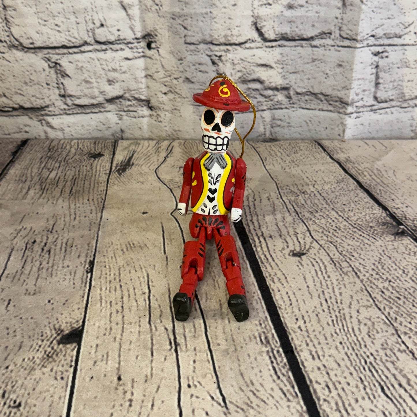 10cm Red Day Of The Dead Man Sitting Animal, Wooden Shelf Ornament Fairtrade1