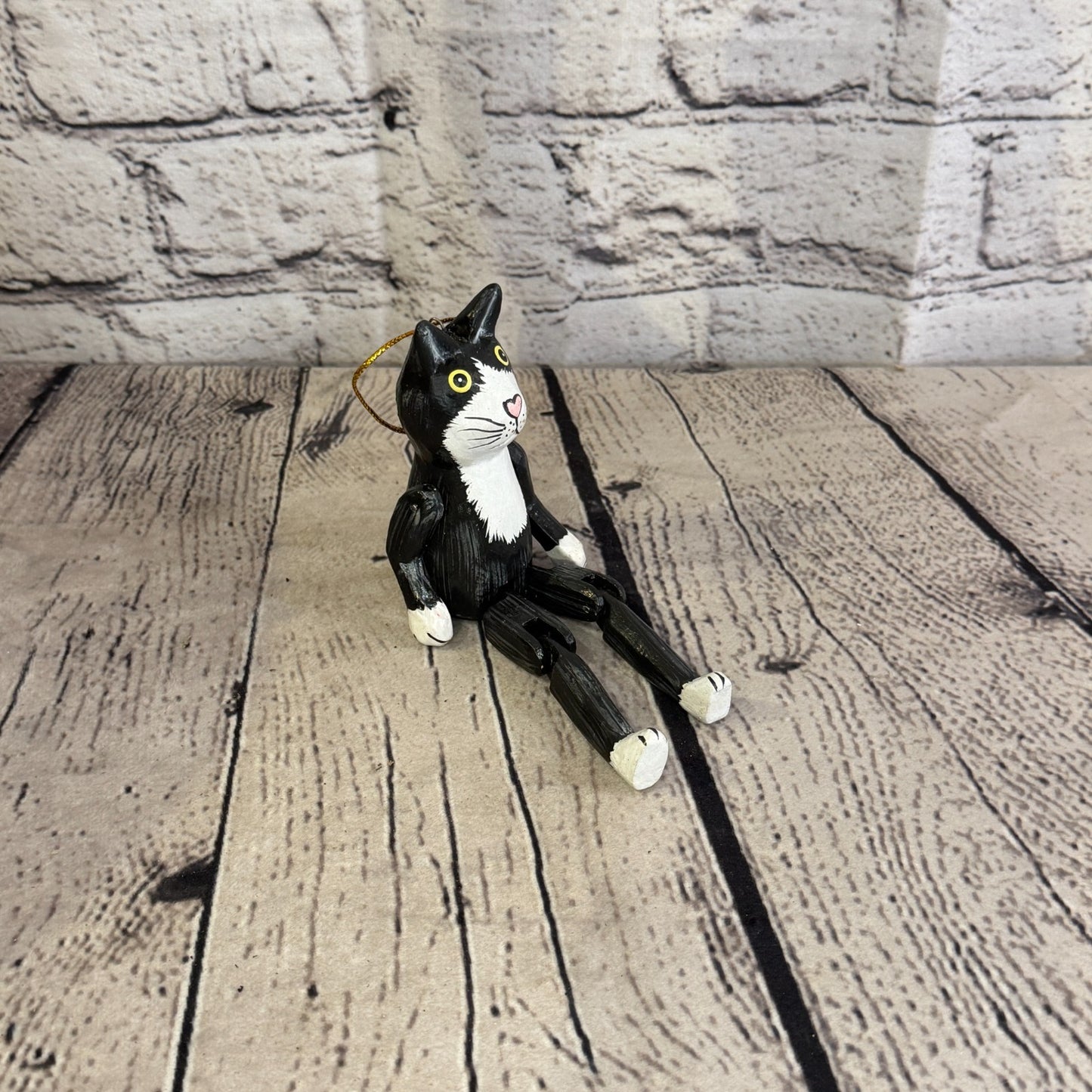 10cm Black White Cat Sitting Animal, Wooden Shelf Ornament Handmade Fairtrade2
