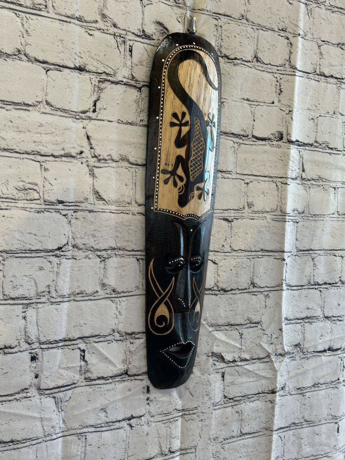 50cm Gecko Mask Carved Wooden Brown Work Painted Ethnic Tribal Tiki Wall Art0