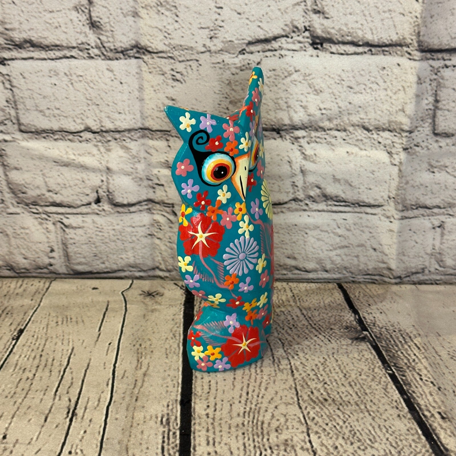 Blue Medium Wooden Owl With Flower Pattern 15cm x 8cm Handmade and Fairtrade2