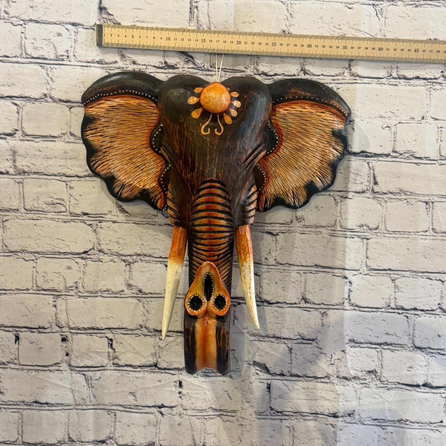 40cm x 35cm Brown Light Painted Wood Elephant Head Wall Mounted Art Shabby3