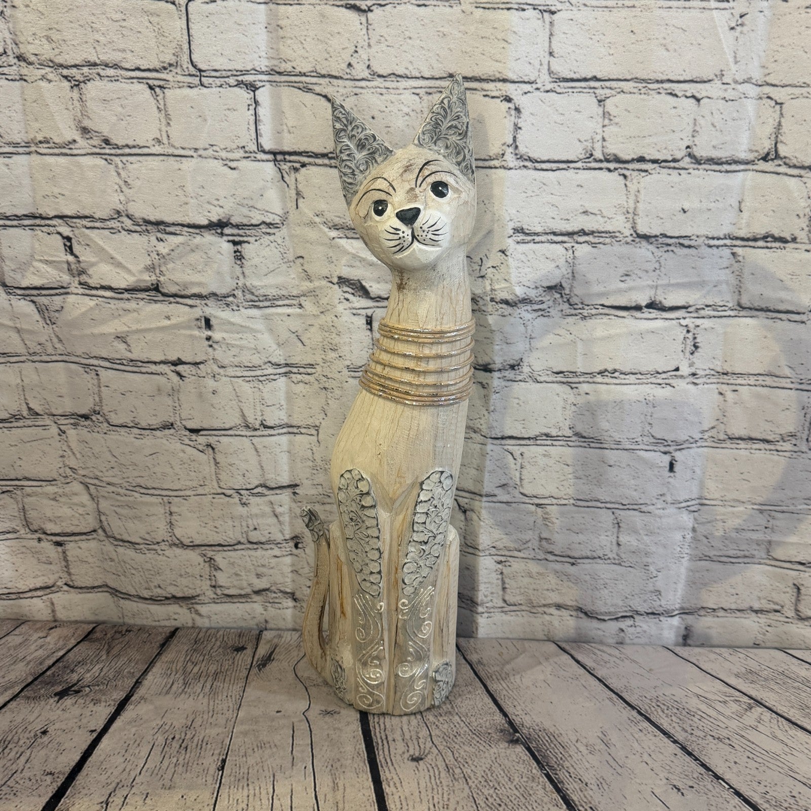 50cm White Silver Dots Wooden Shabby Cat Statue Ornament Fair Trade Handcarved0