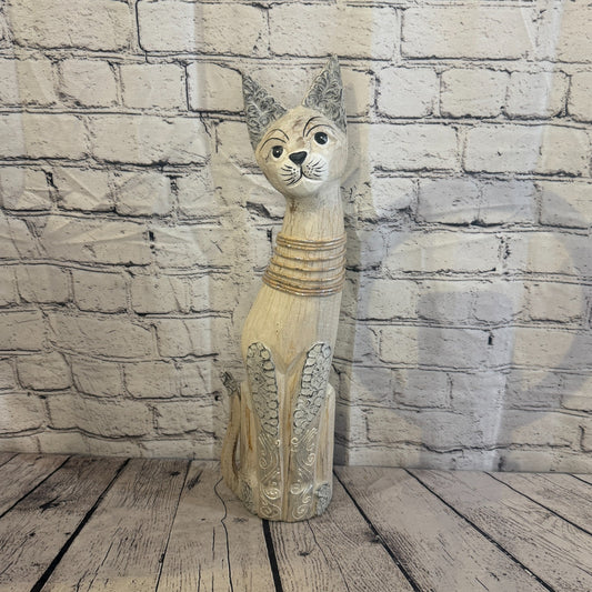 50cm White Silver Dots Wooden Shabby Cat Statue Ornament Fair Trade Handcarved0