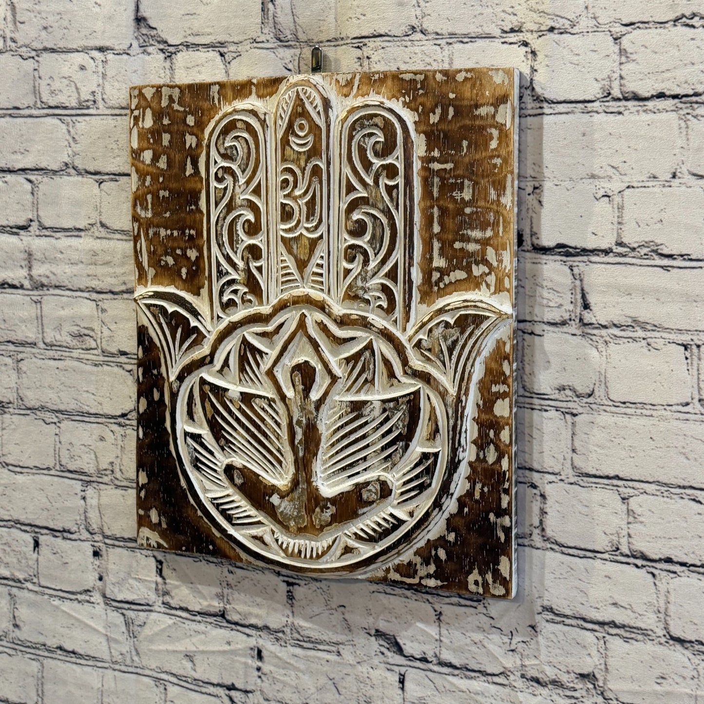 40cm x 35cm Hand Of Fatima Brown Wooden Wood Panel Wall Art Plaque Handcarved1