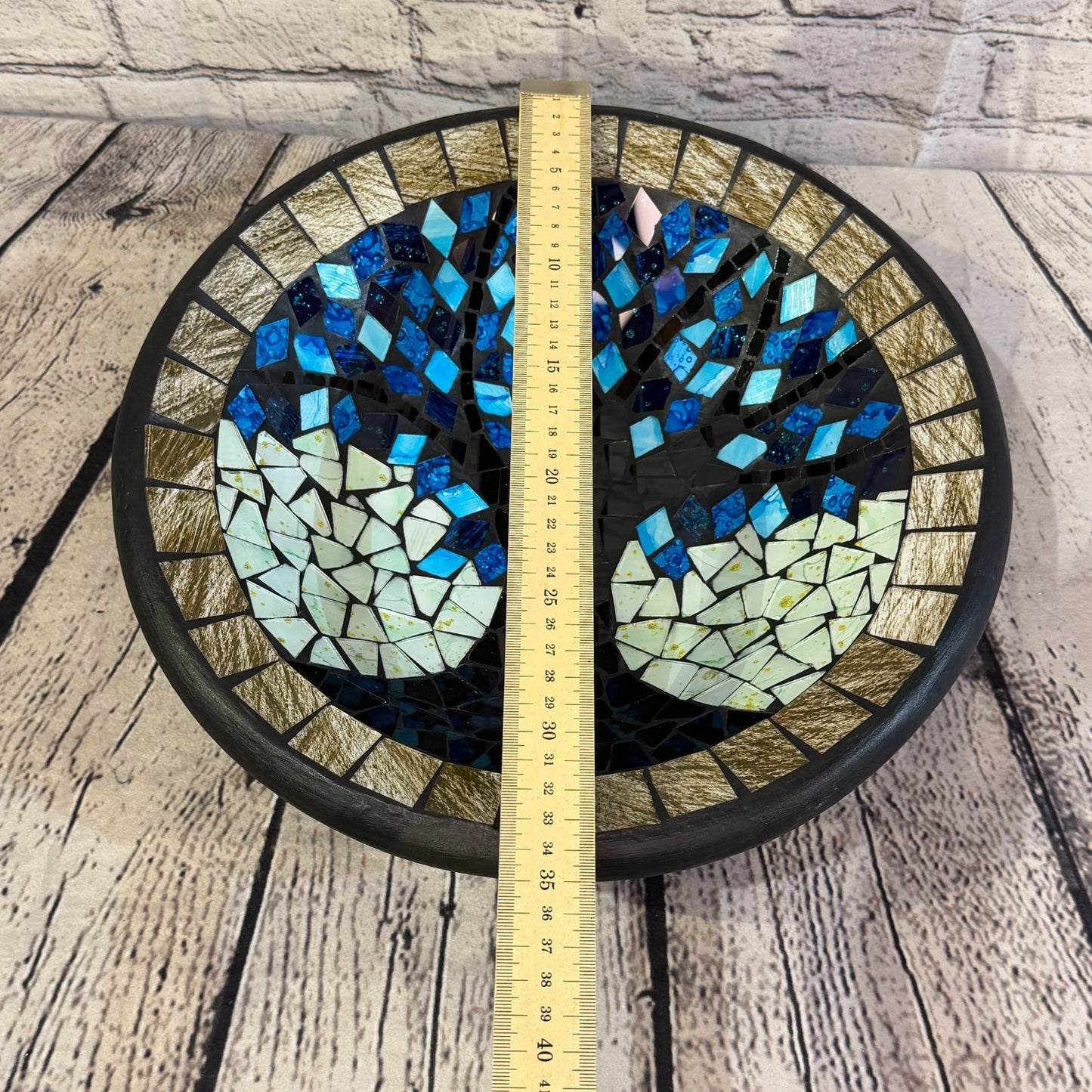 35cm Tree Of Life Blue Grey Round Mosaic Handmade Ceramic Glass Tile Bowl Fruit2