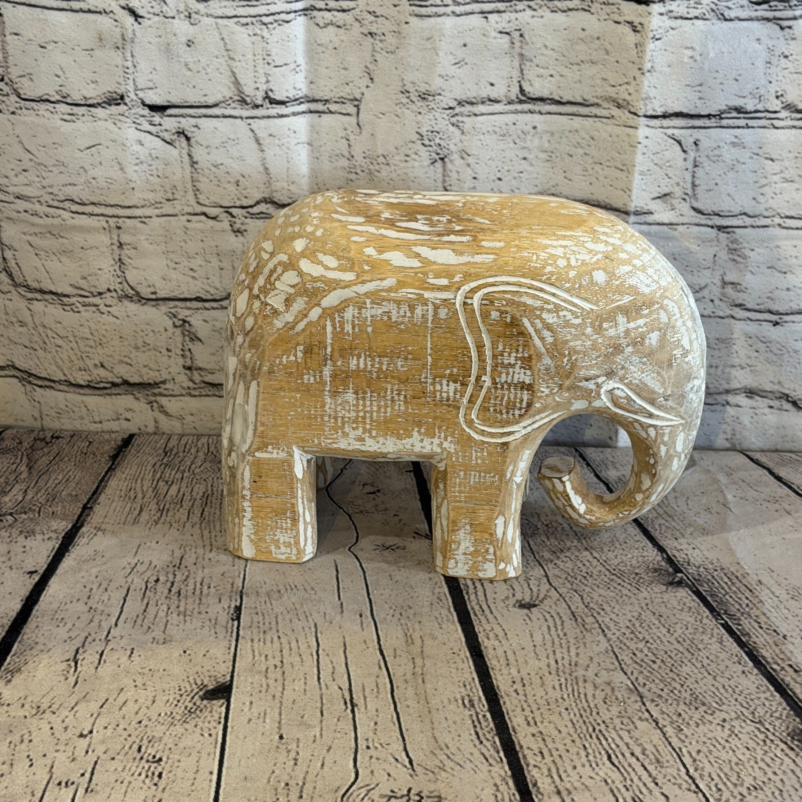 20cm x 25cm White Wood Wooden Standing Elephant Hand Carved Painted Statue3