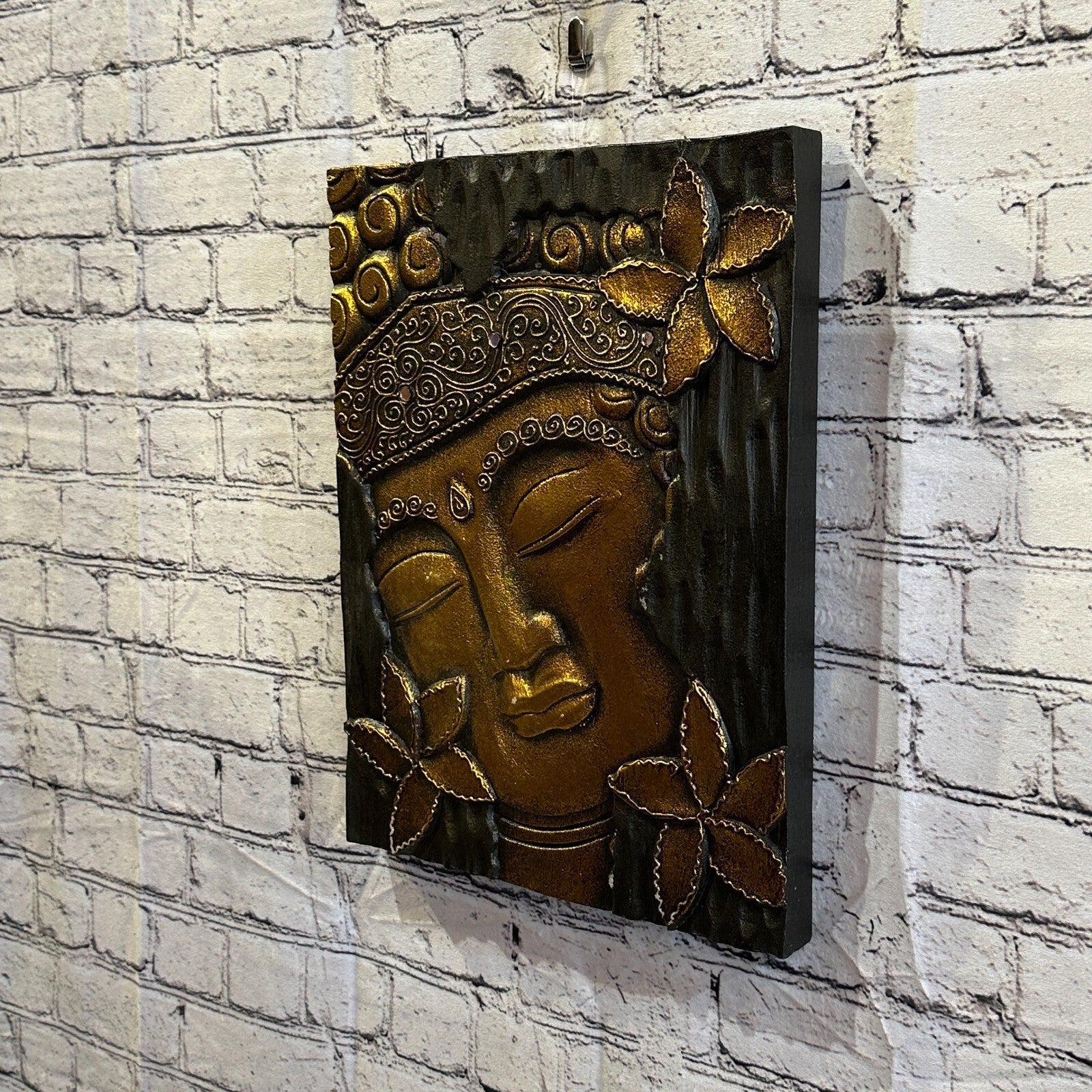 Wooden Wood Panel 40cm Brown Gold Buddha Hibiscus Wall Art Plaque Handcarved1