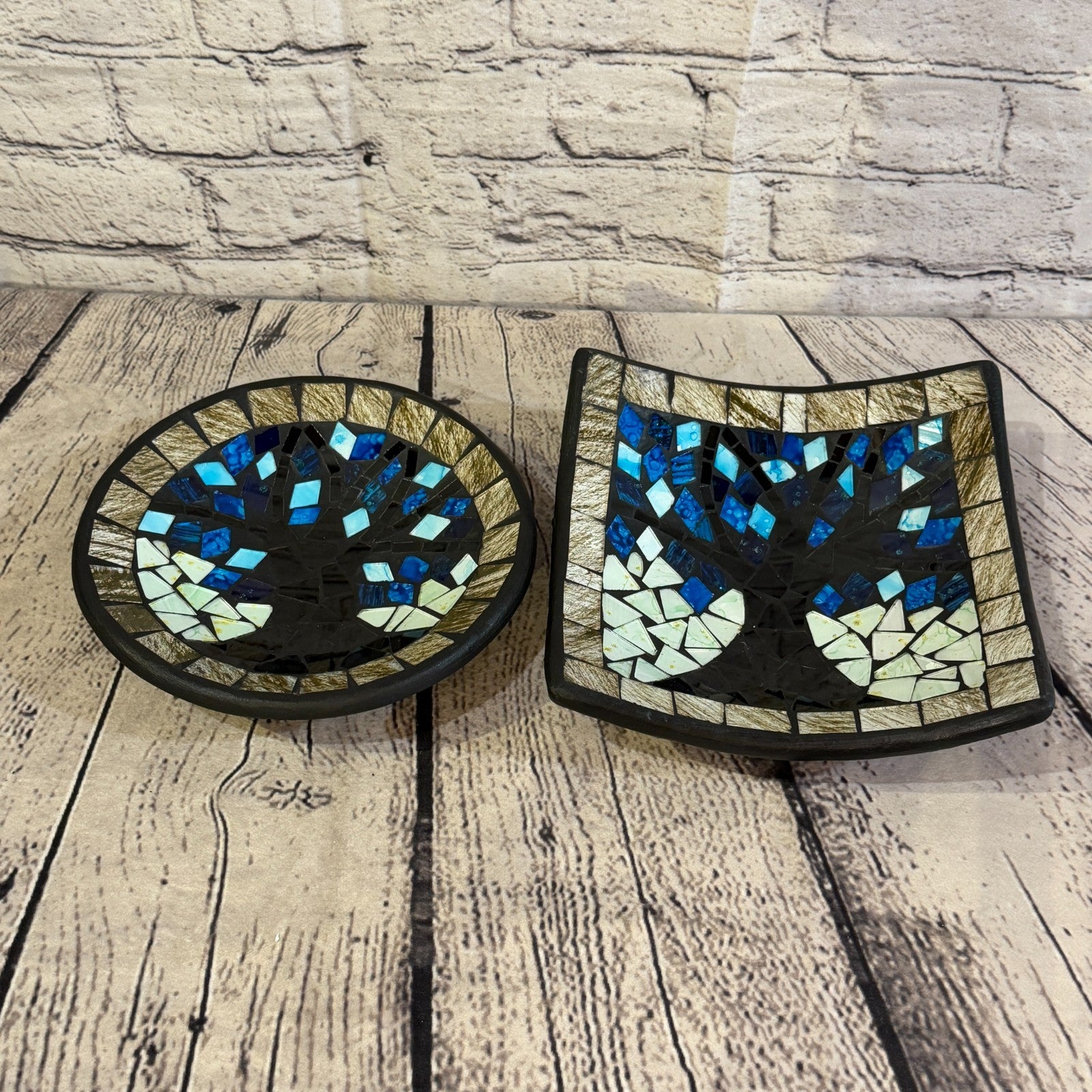30cm Tree Of Life Blue Grey Square Mosaic Handmade Ceramic Glass Tile Bowl Fruit5