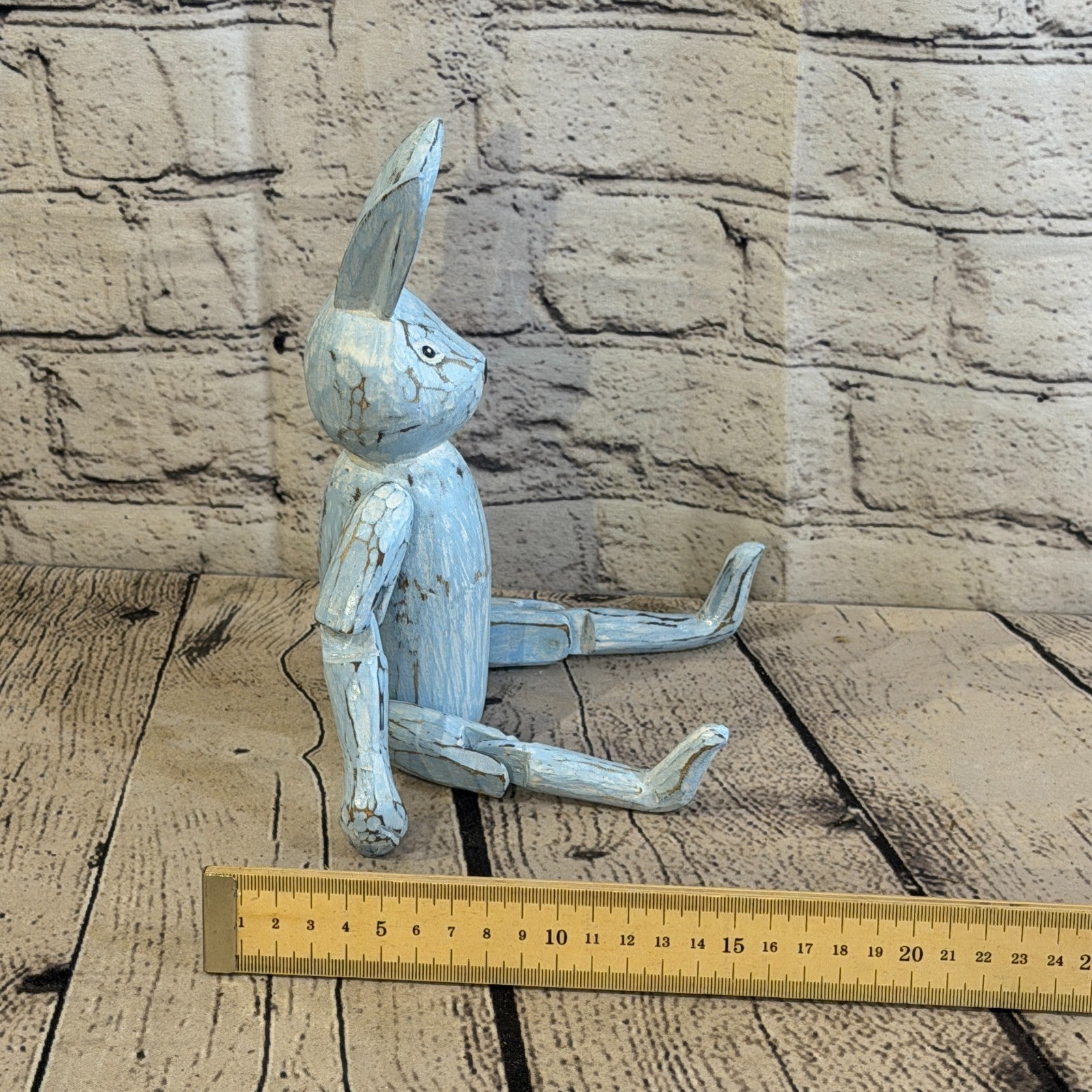 20cm Blue Bunny Rabbit Sitting Animal, Wooden Shelf Ornament Handmade Fairtrade7