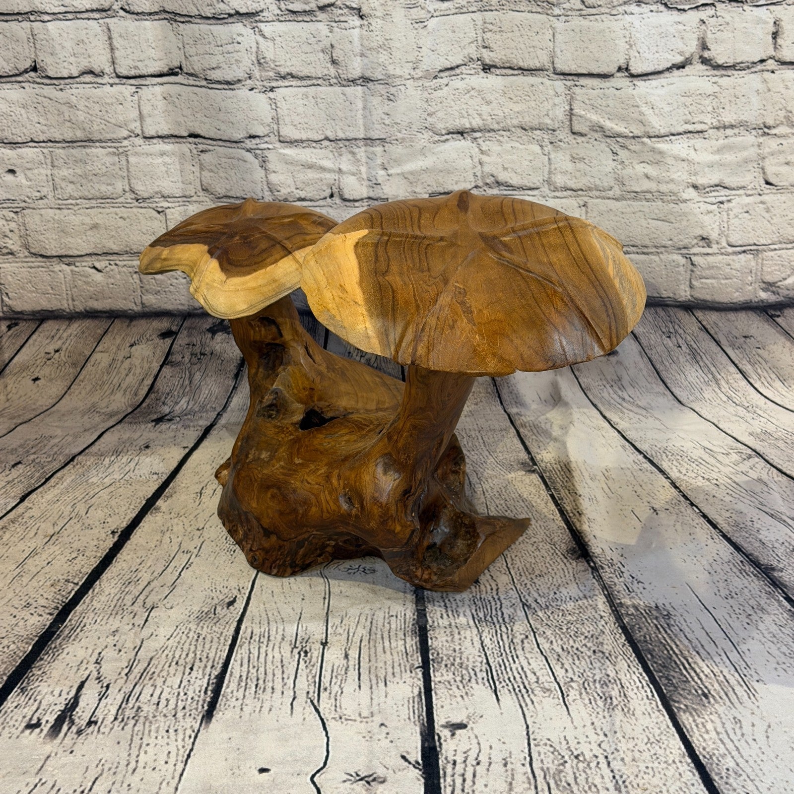 45cm x 35cm Double Wooden Mushroom Toadstool Sculpture Garden Teak Root Ornament2