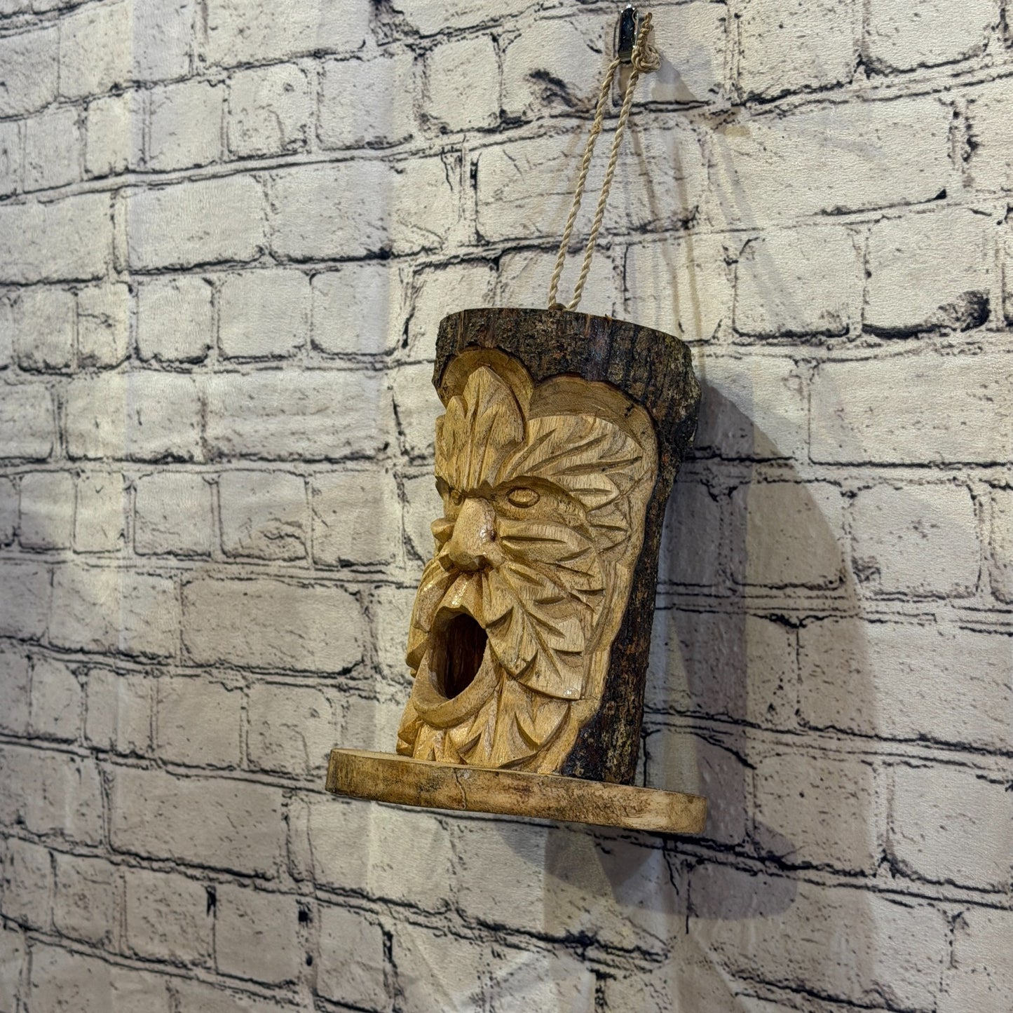 Green Man Of The Woods Bird House 20cm Carved Wizard Tree Trunk Wood Fairtrade8