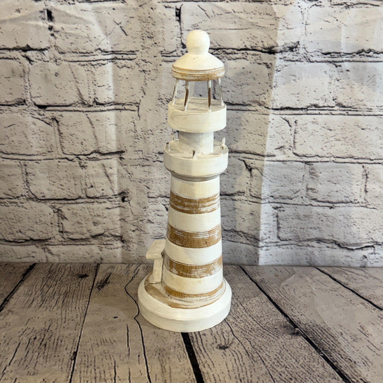 30cm Cream White Wooden Lighthouse Detailed Ornament Nautical Coastal Sculpture2
